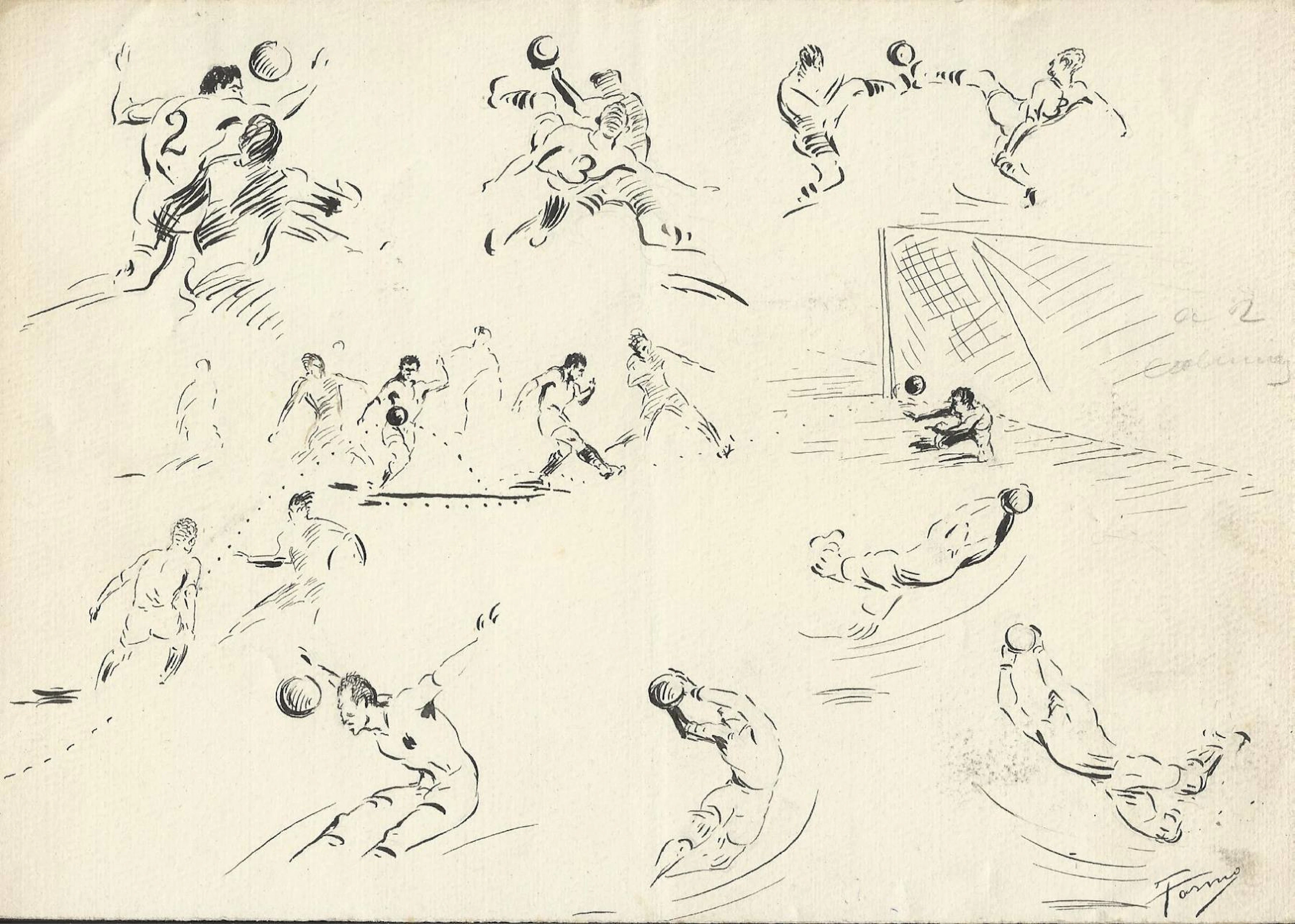 Federico Tormo Monzó. Ink drawing. Valencia C.F. 1940s. Football.