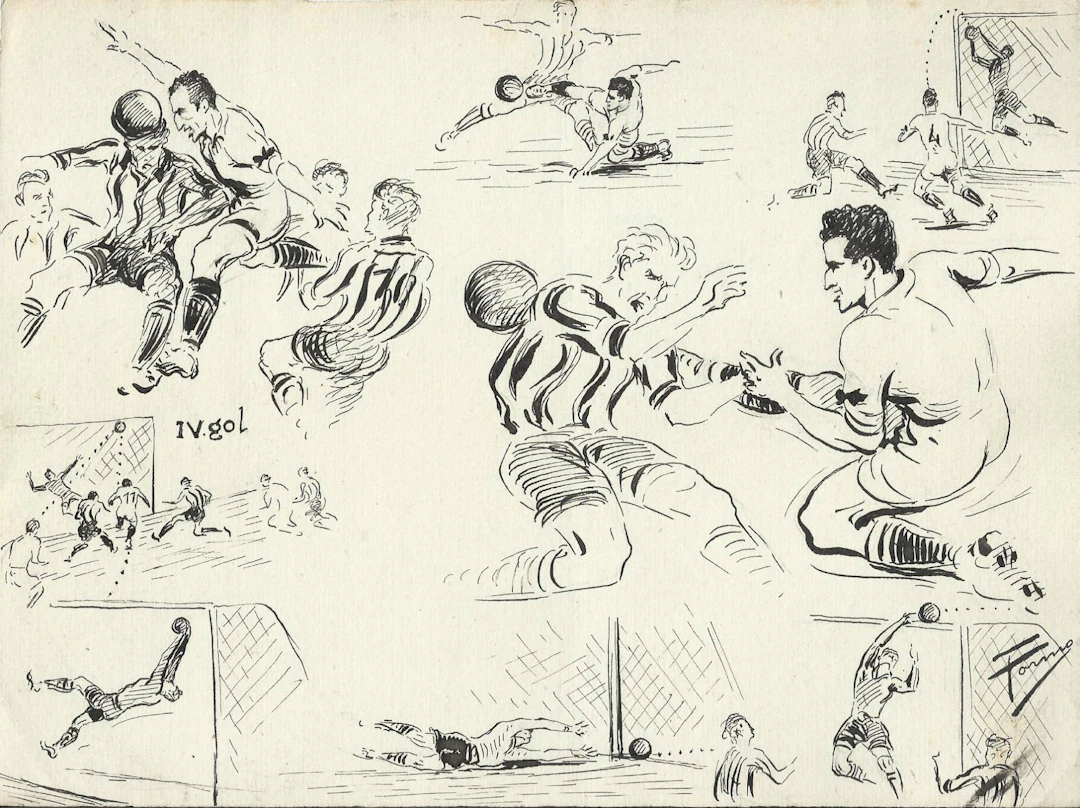 Federico Tormo Monzó. Ink drawing "Valencia 6- At. Madrid 0". 1949.