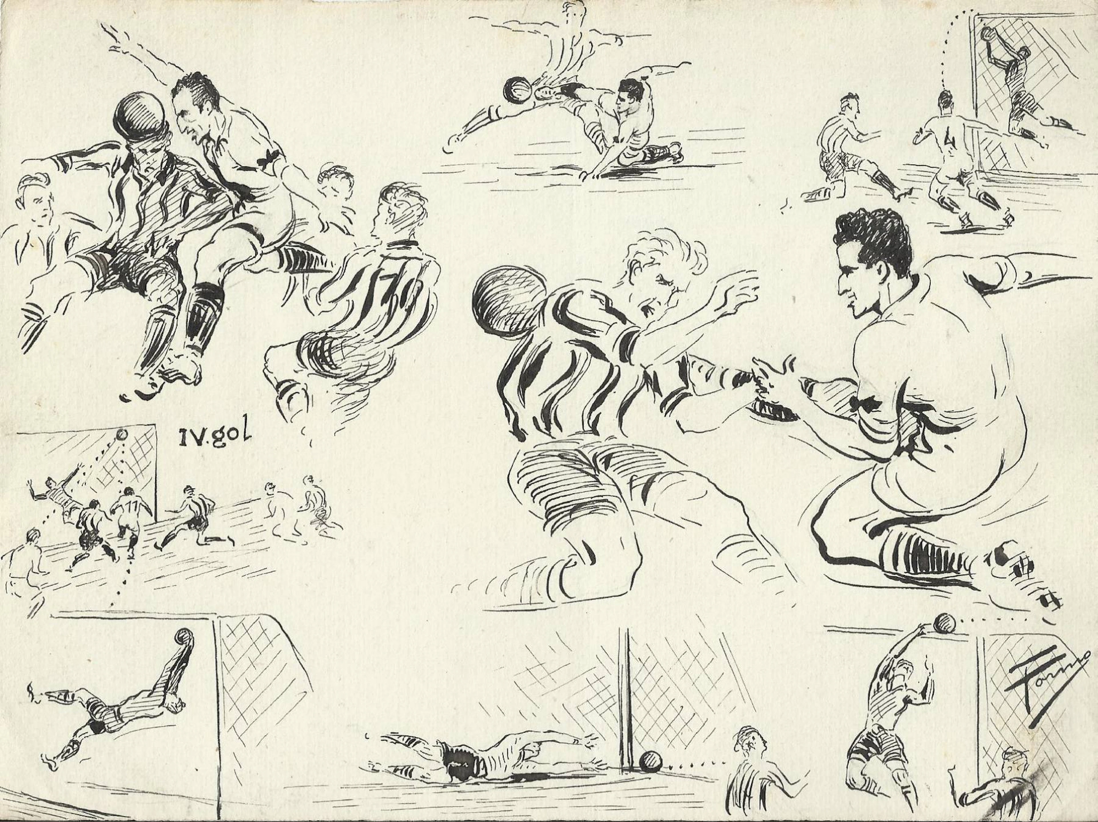 Federico Tormo Monzó. Ink drawing "Valencia 6- At. Madrid 0". 1949.