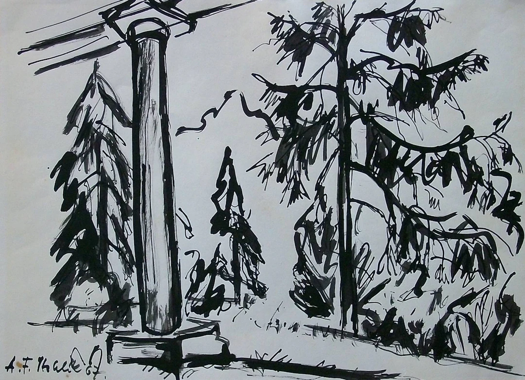 Antonin Frantisek Sthelík. Ink drawing “Landscape with Fir Trees”.