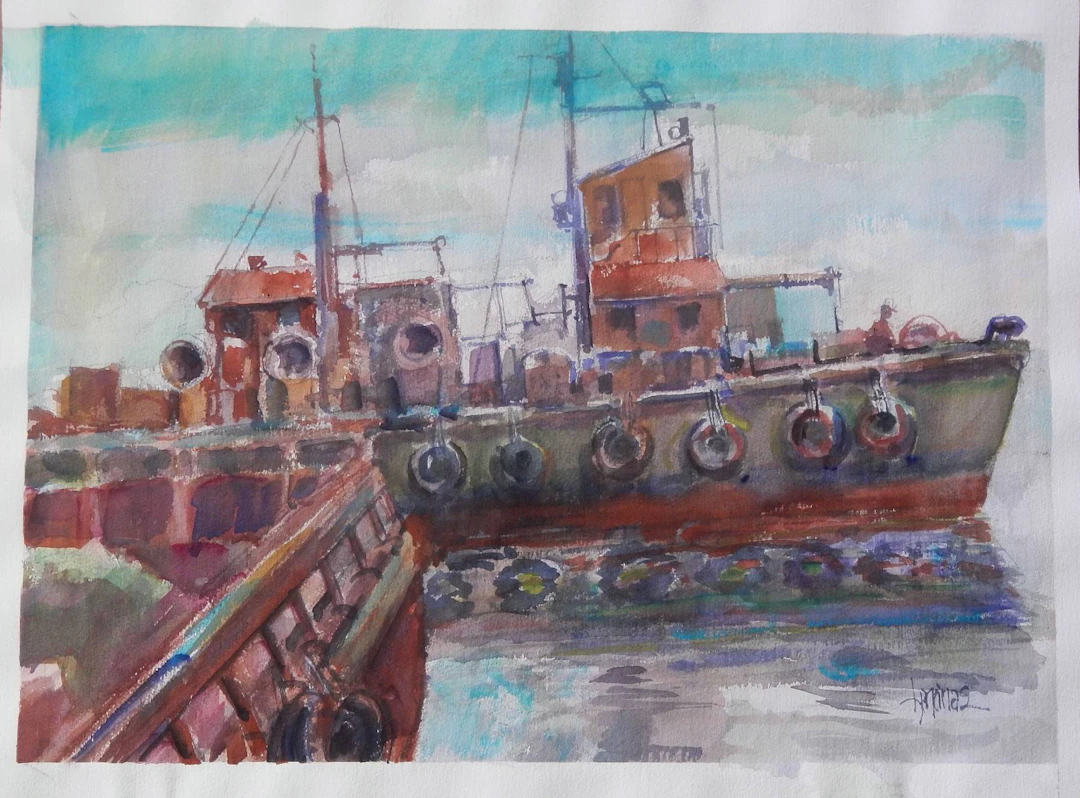 Carlos Enrique Lencinas Gómez. Watercolor on paper. “Boats and Sea”.