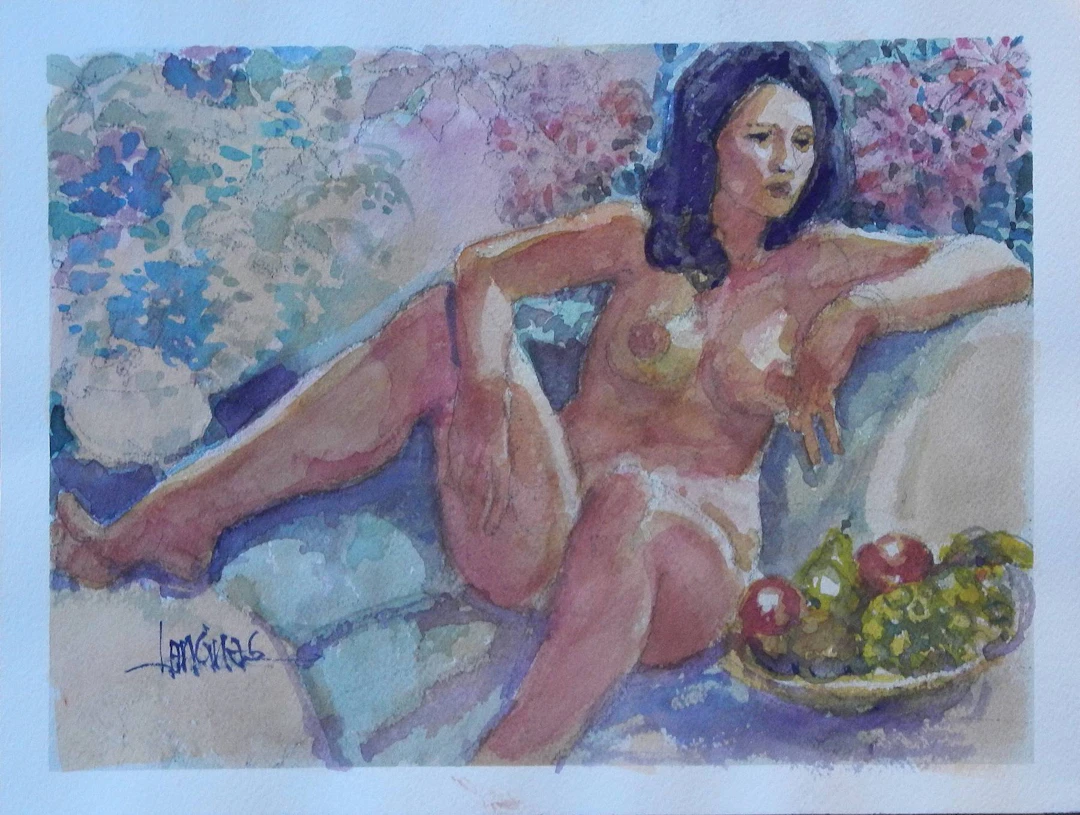 Carlos Enrique Lencinas Gómez. Watercolor on paper. “Female Nude and