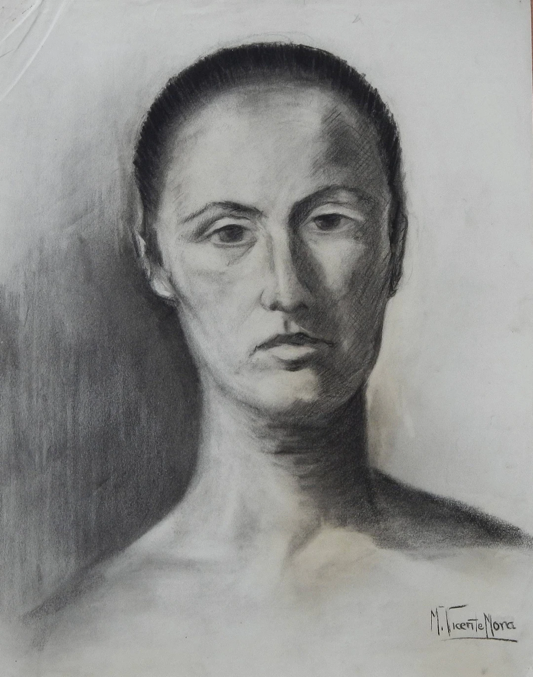 Manuel Vicente Mora. Charcoal on paper. “Female Portrait”. Hand-signed.