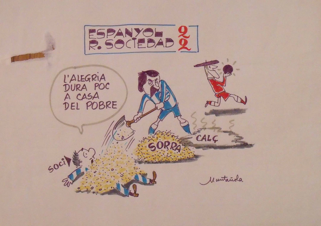 Joaquim Muntañola. Marker drawing "Espanyol 2 Real Sociedad 2". Hand-signed.