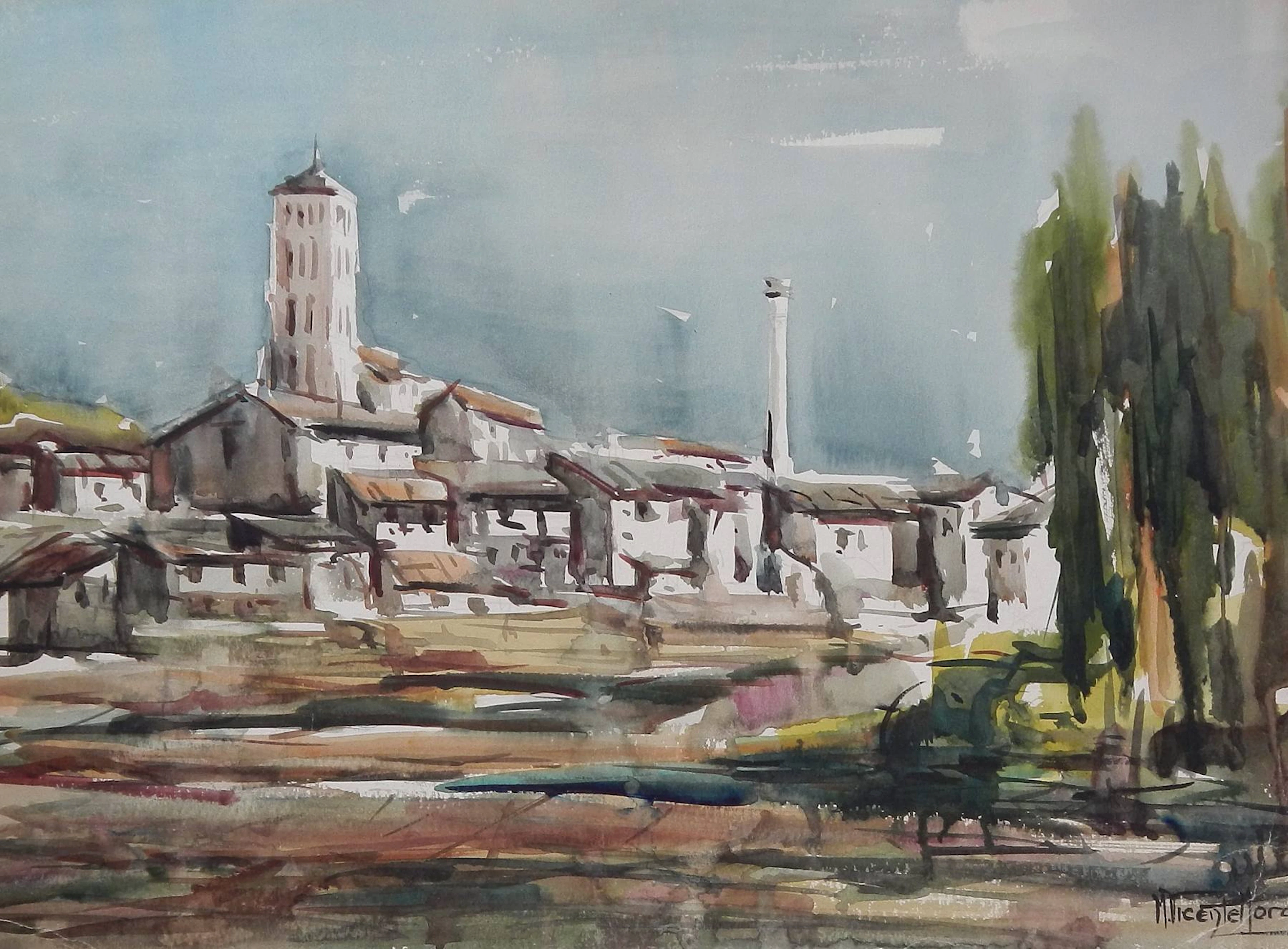 Manuel Vicente Mora. Watercolor on paper. “Town”. Hand-signed. 42x56 cm.
