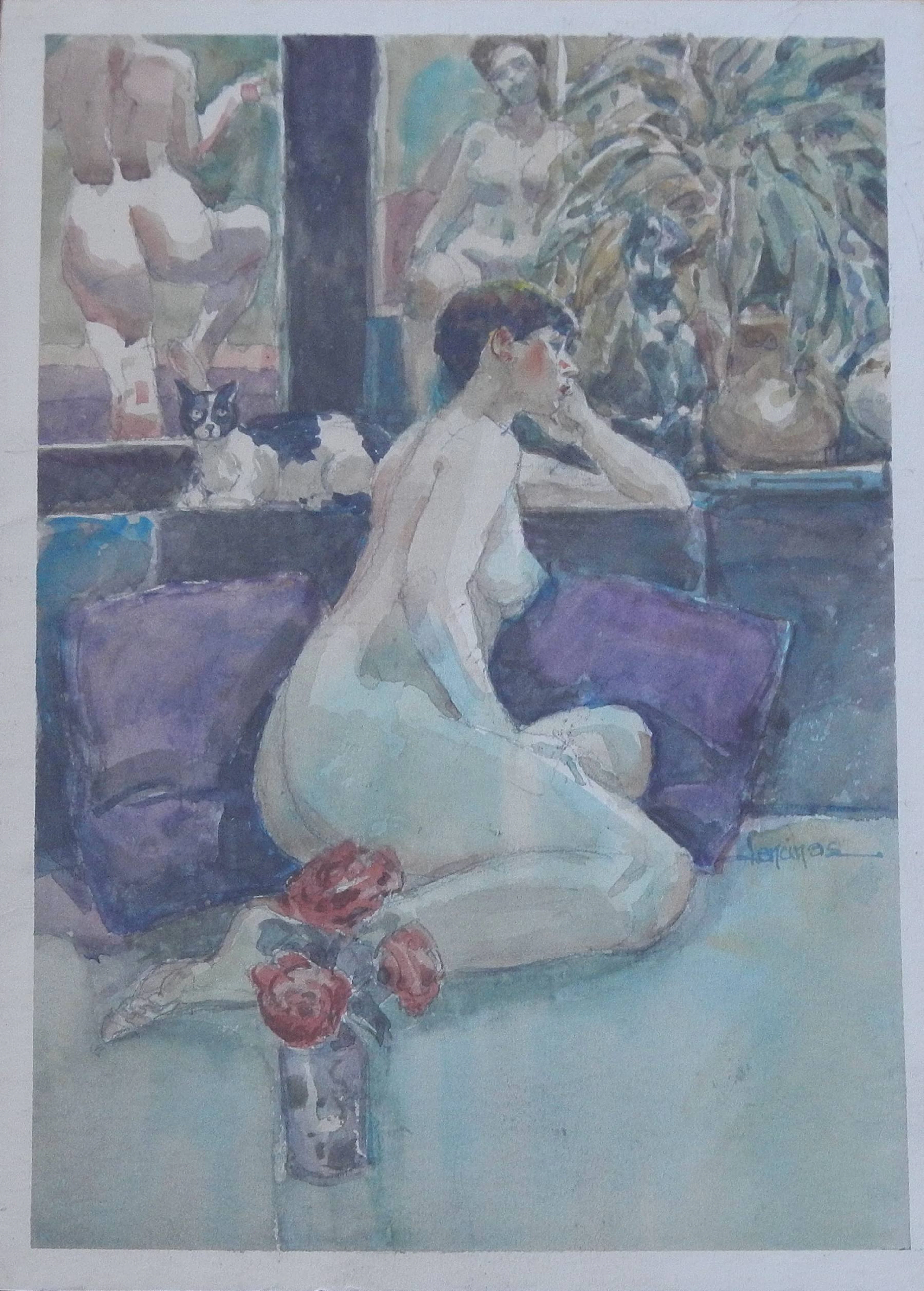 Carlos Enrique Lencinas Gómez. Watercolor on paper. “Female Nude and
