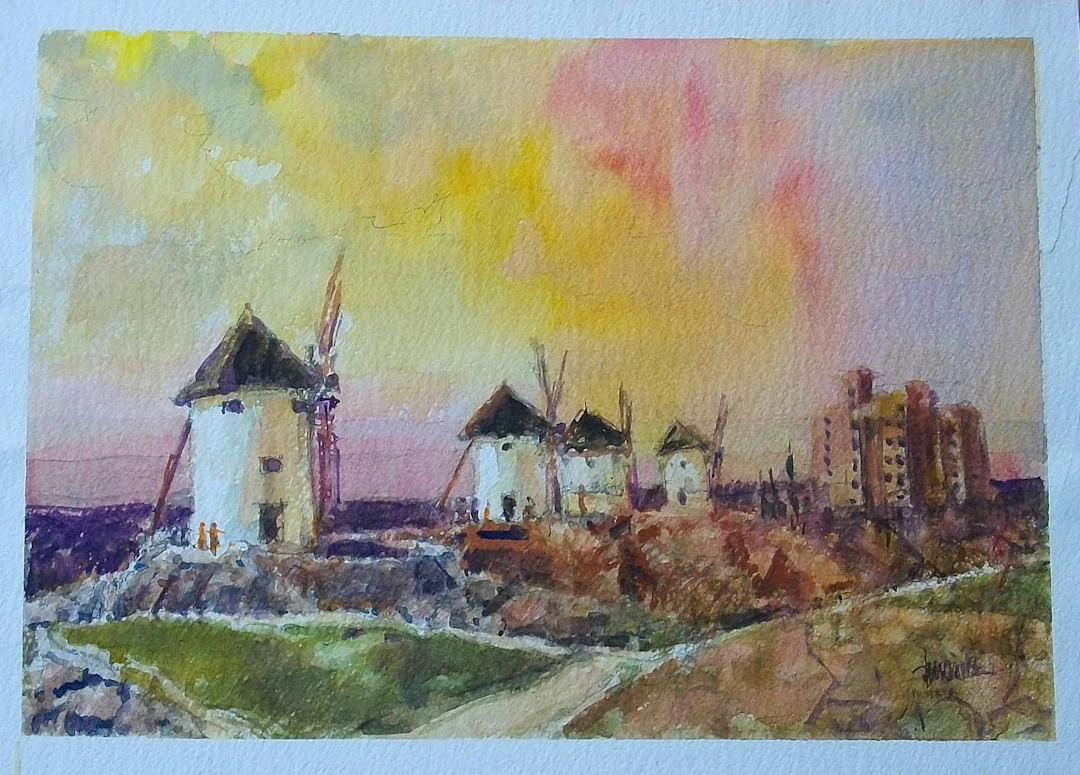 Carlos Enrique Lencinas Gómez. Watercolor on paper. “Mills of La Mancha”.
