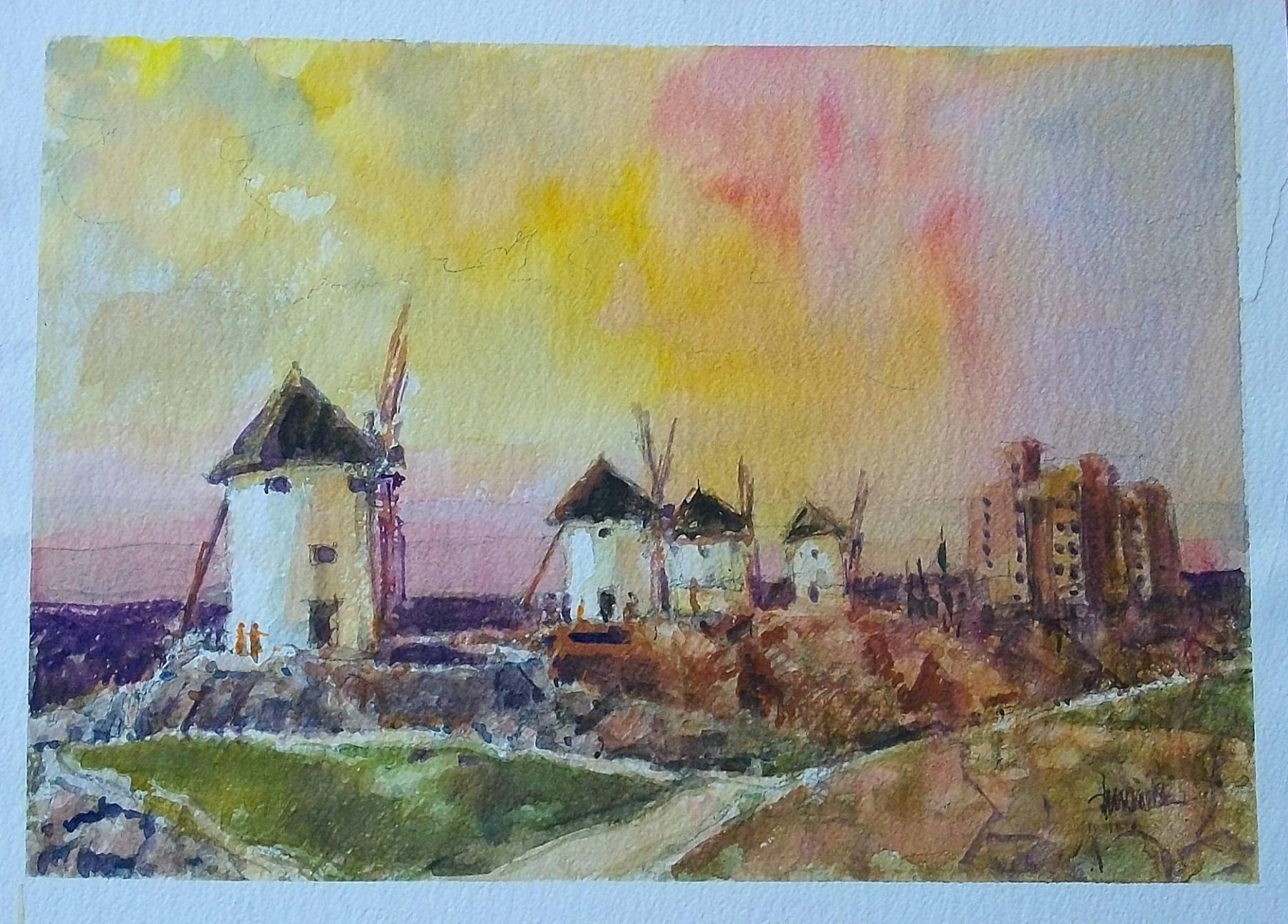 Carlos Enrique Lencinas Gómez. Watercolor on paper. “Mills of La Mancha”.