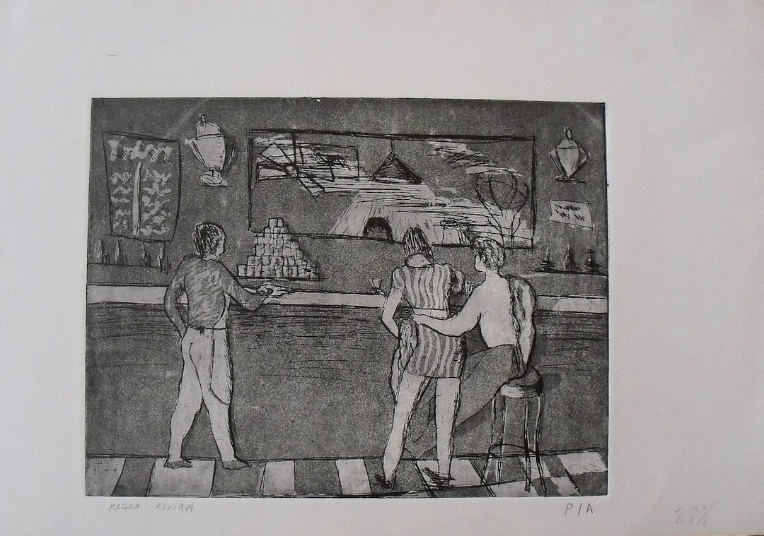 Magda Rovira. Engraving “Bar of a nightclub”. Artist's proof. Hand-signed.