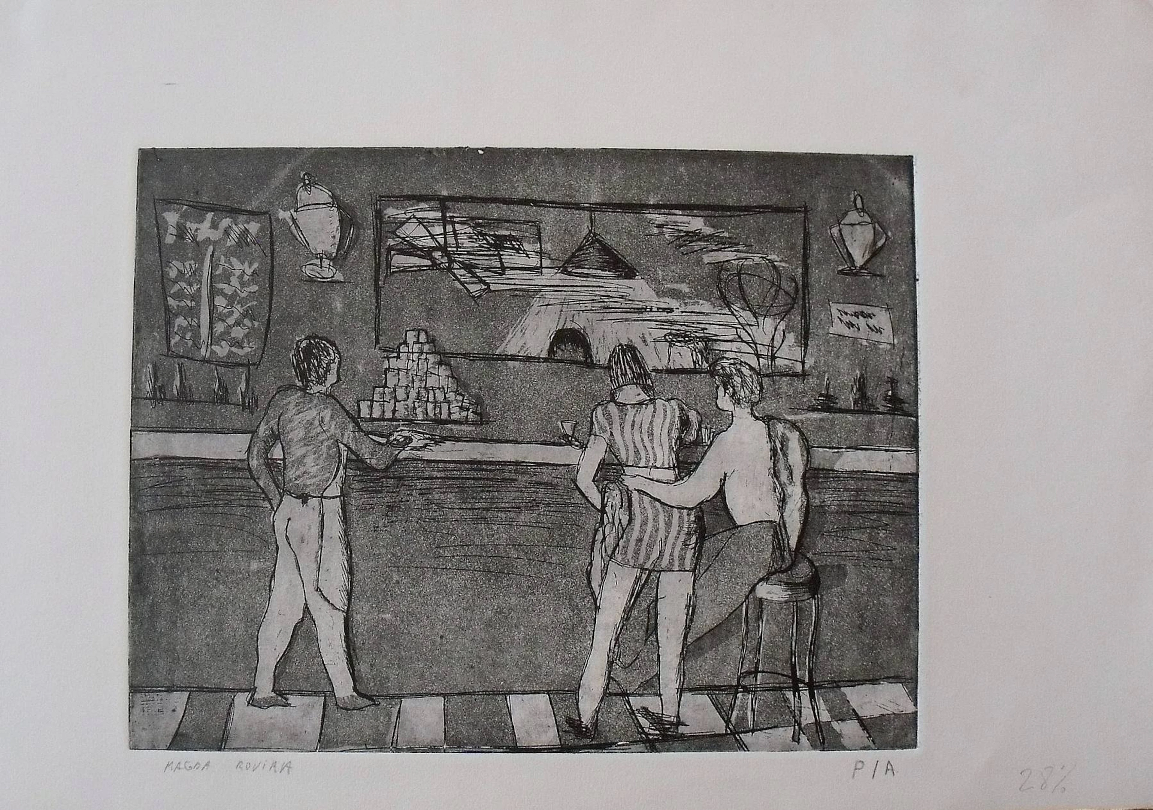 Magda Rovira. Engraving “Bar of a nightclub”. Artist's proof. Hand-signed.