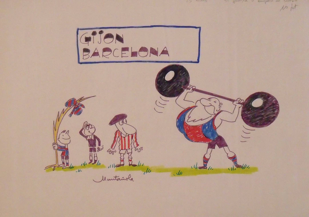 Joaquim Muntañola. Marker drawing “Gijon Barcelona” Hand signed. Football.