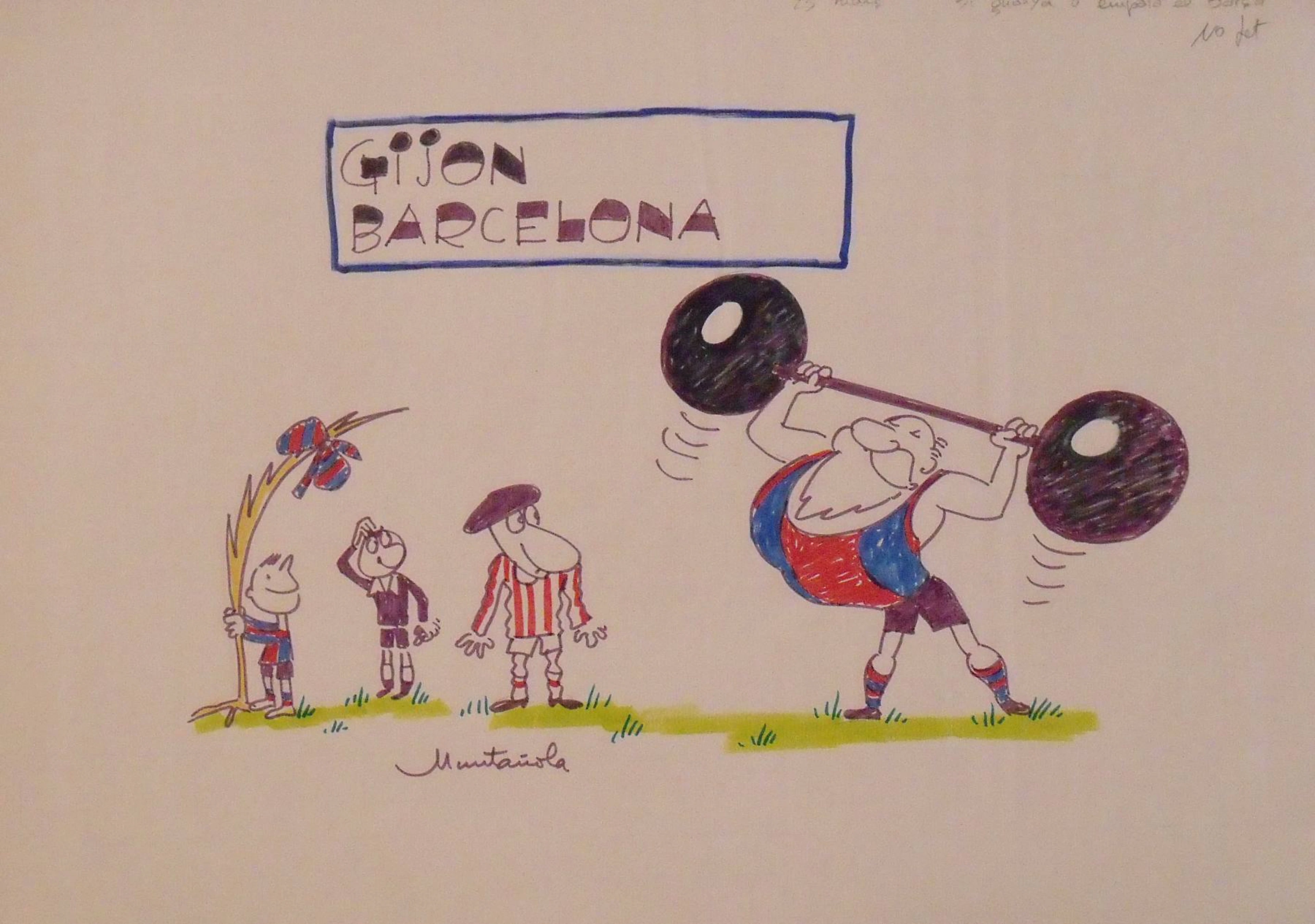Joaquim Muntañola. Marker drawing “Gijon Barcelona” Hand signed. Football.