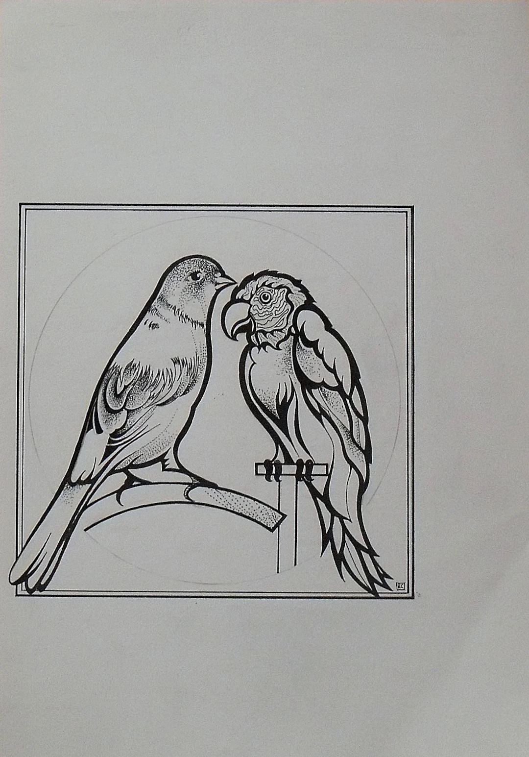 Raúl Capitani. Ink drawing "Parrot and canary". Hand signed RC.