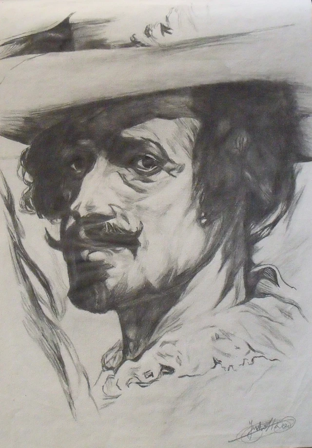 Justo Llacer. Male face "Musketeer". Academic drawing, charcoal on