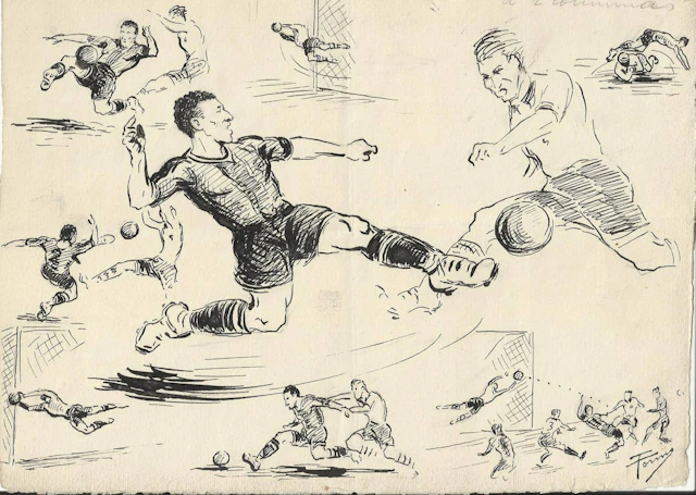 Federico Tormo Monzó. Ink drawing. Levante 1- Cartagena 0. 1949. Football.