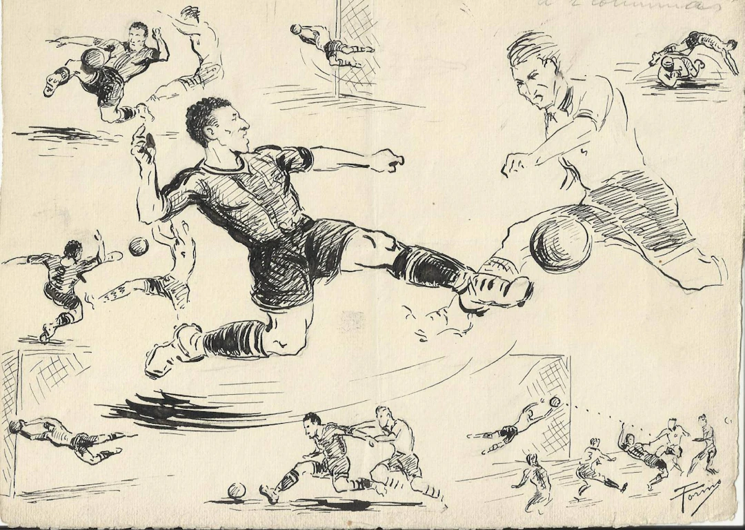 Federico Tormo Monzó. Ink drawing. Levante 1- Cartagena 0. 1949. Football.