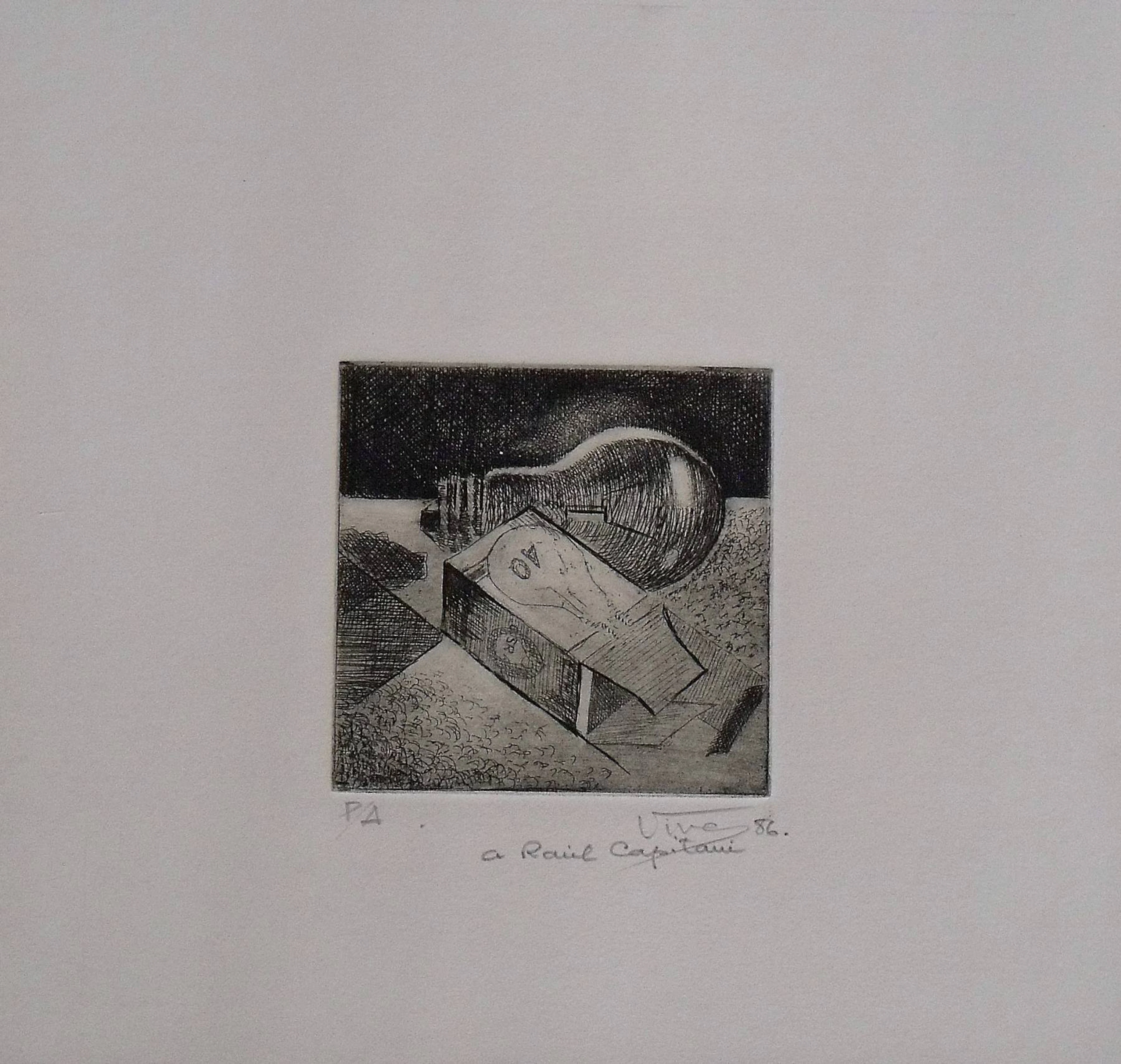 Roberto Vives Saurí. "Bulb and box" engraving. Hand signed. 1986.