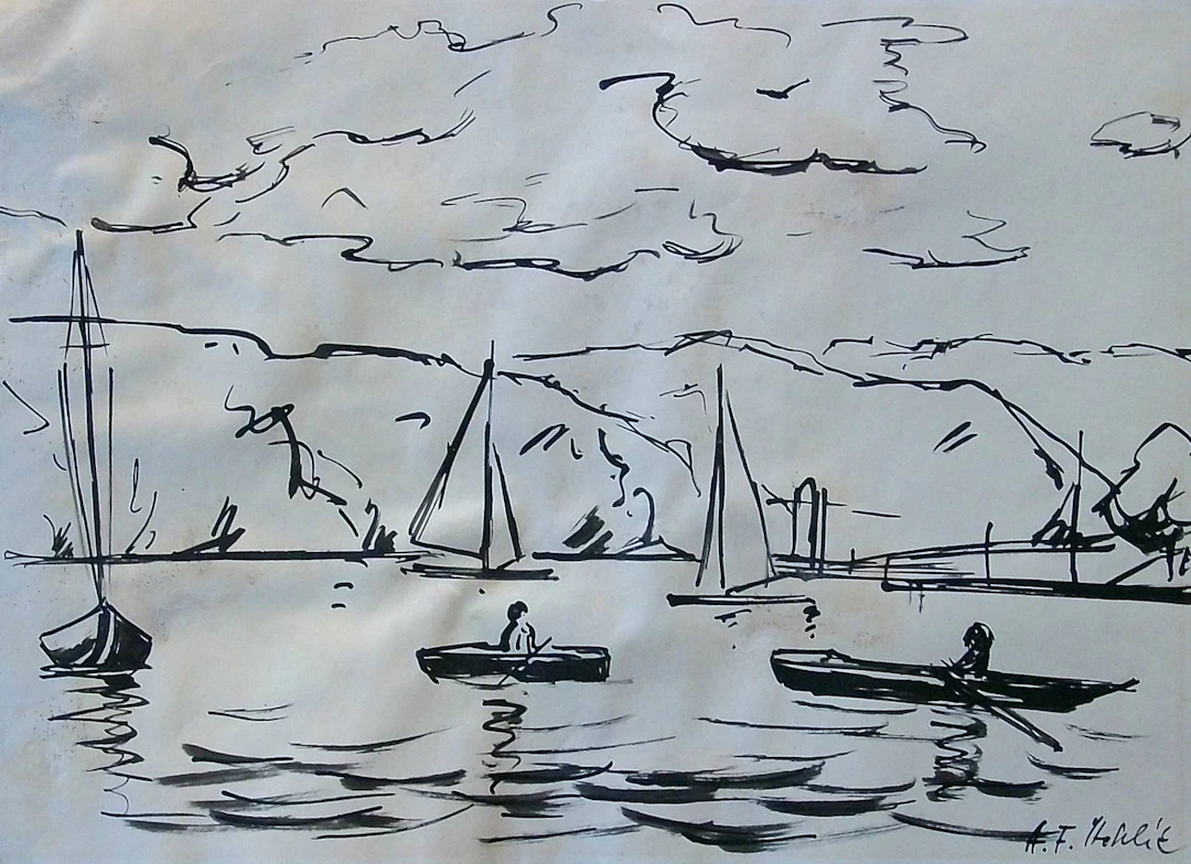 Antonin Frantisek Sthelík. Ink drawing “Landscape with Boats”. Hand-signed.