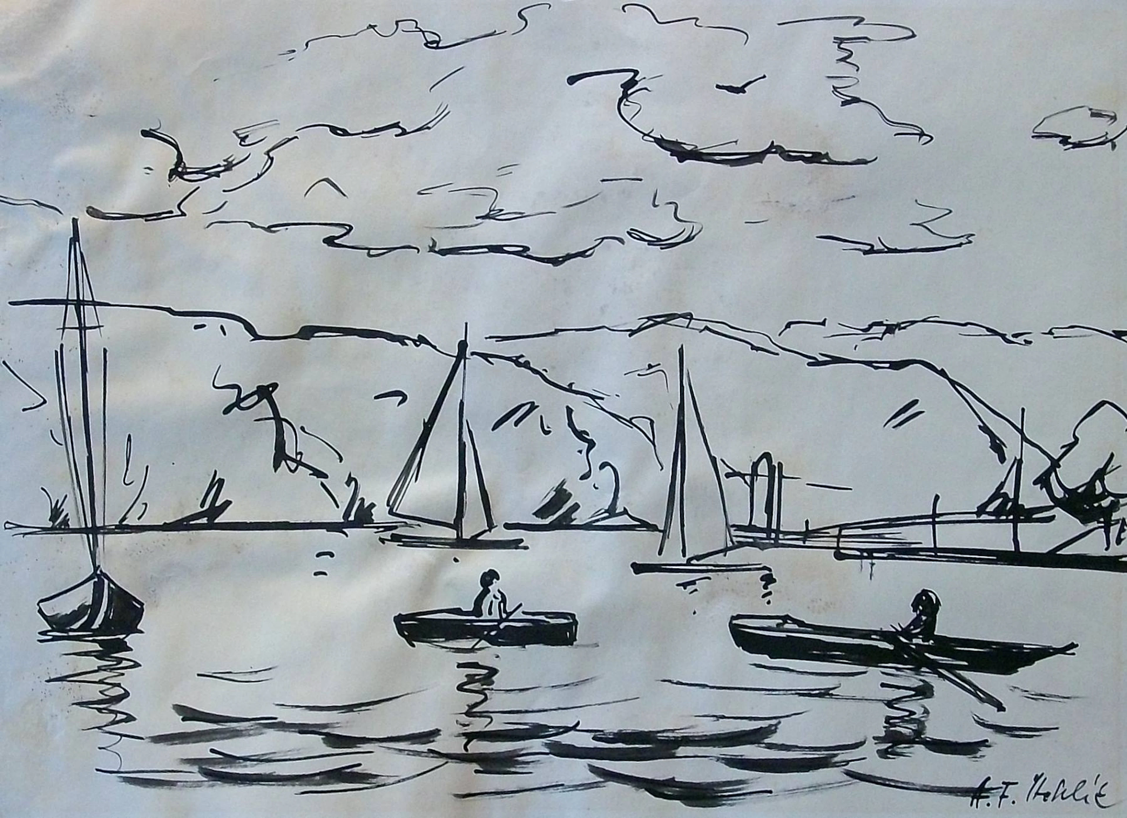 Antonin Frantisek Sthelík. Ink drawing “Landscape with Boats”. Hand-signed.