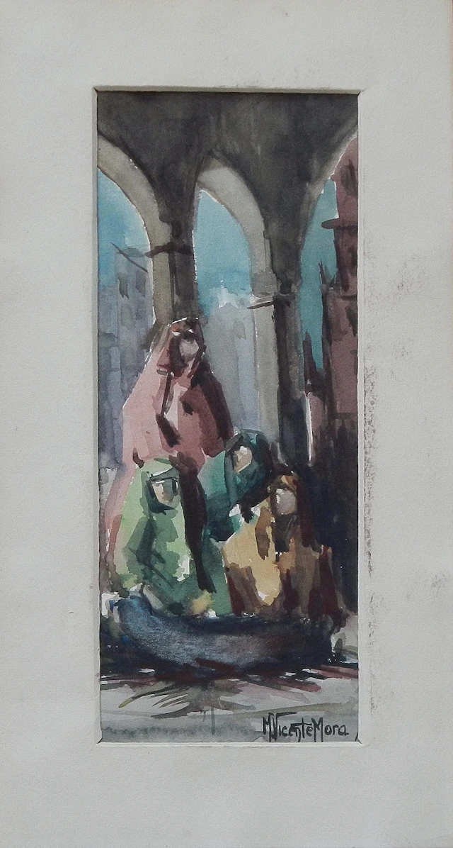 Manuel Vicente Mora. Watercolor on paper. “Nuns. Gothic arches”. Hand-signed.
