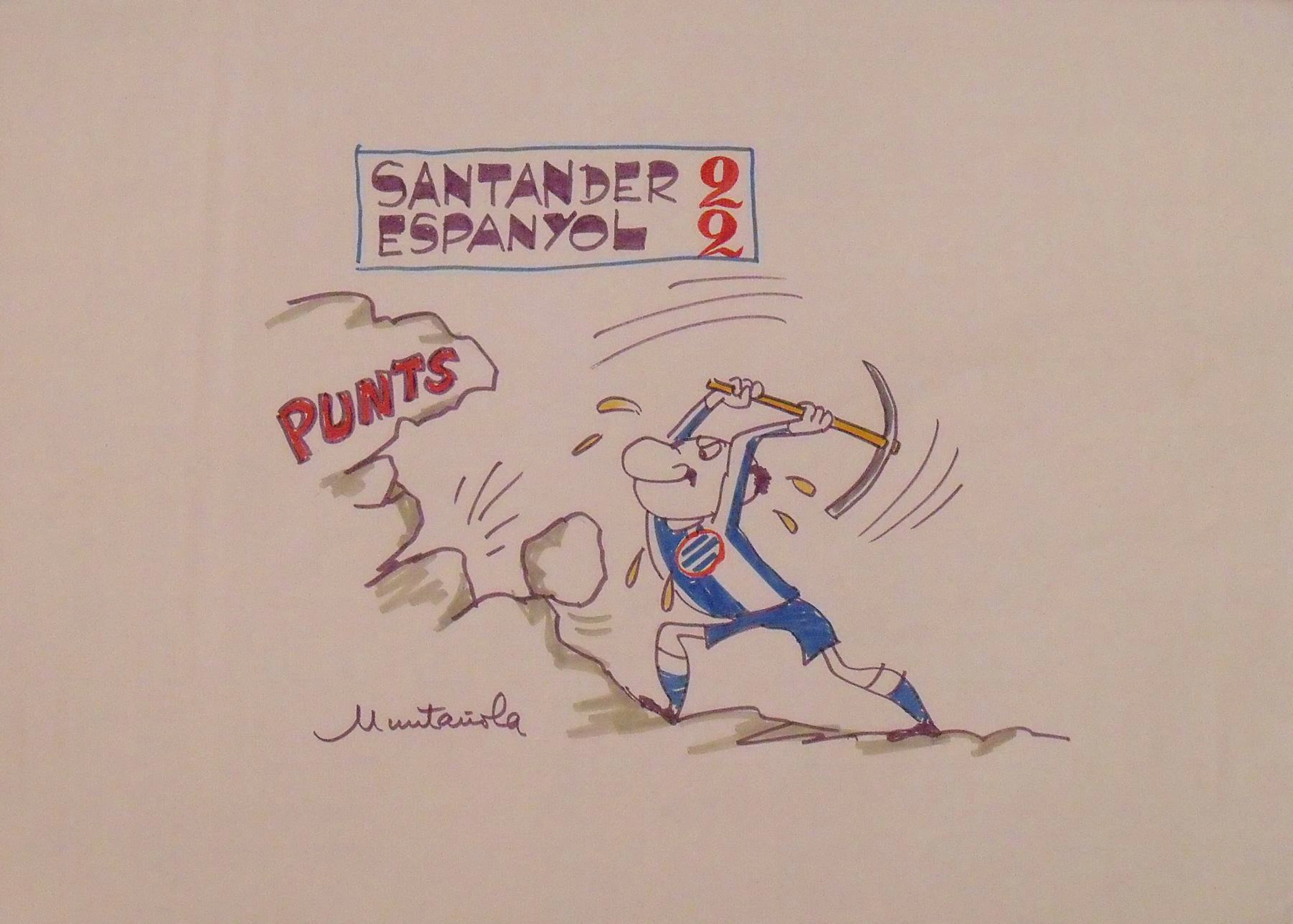 Joaquim Muntañola. Marker drawing “Santander 2 Espanyol 2”. Signed