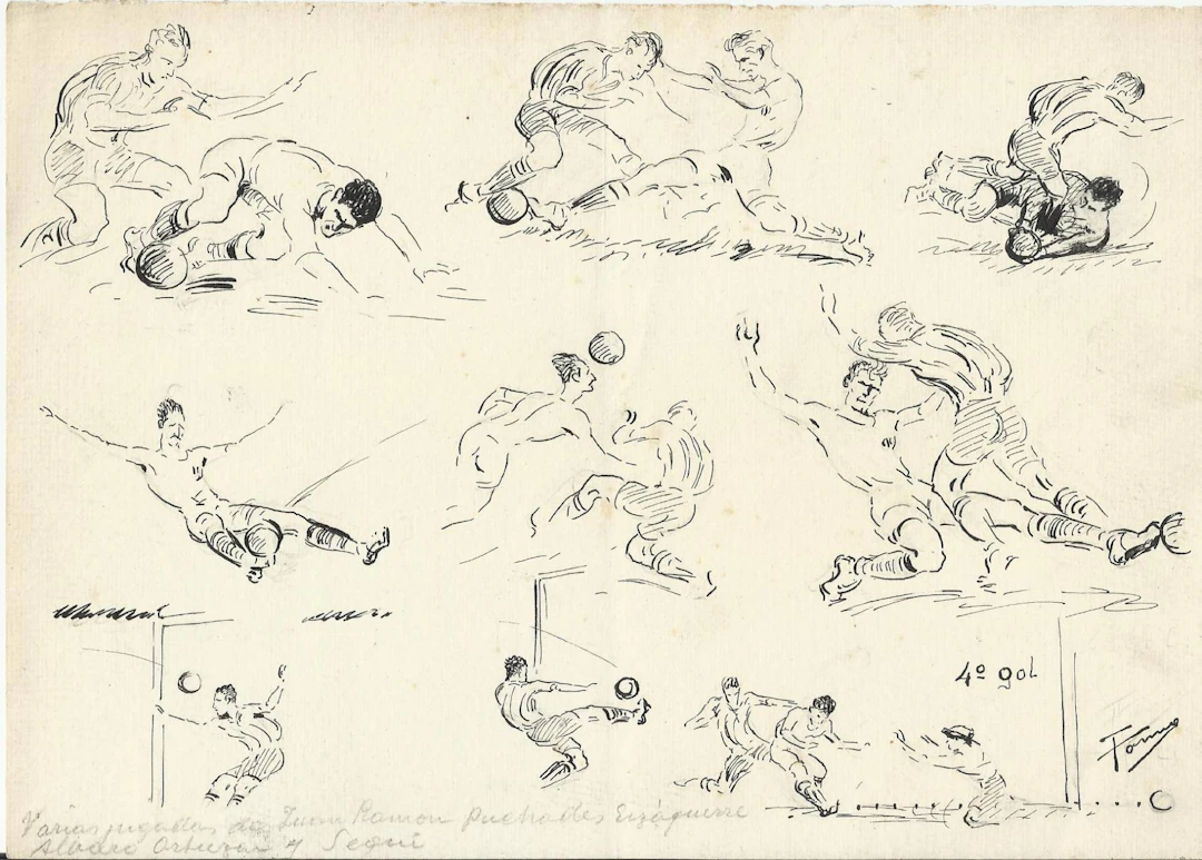 Federico Tormo Monzó. Ink drawing. 17x24 cm. "Valencia C. F." Players