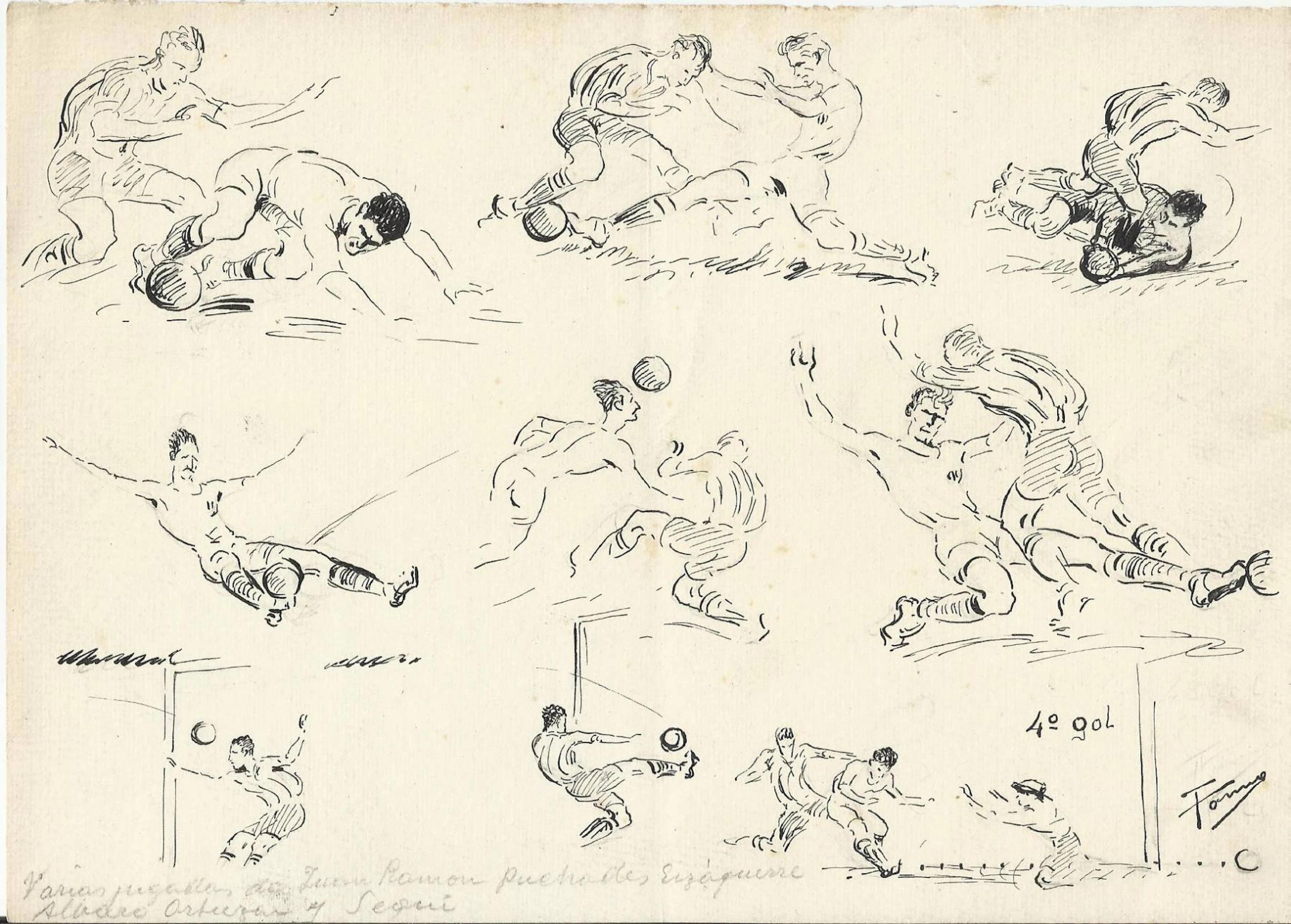 Federico Tormo Monzó. Ink drawing. 17x24 cm. "Valencia C. F." Players