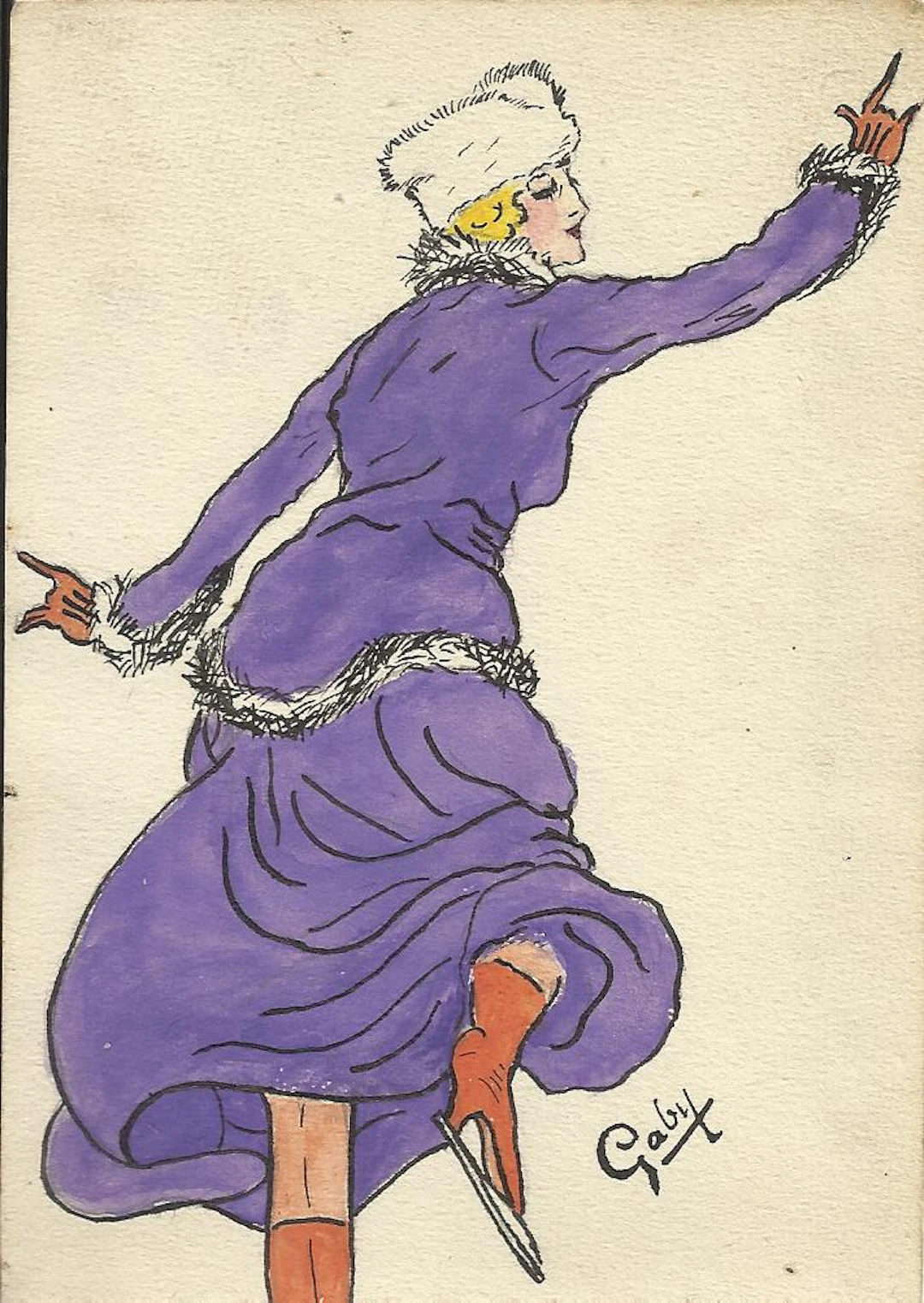 Gaby. French fashion illustration or drawing in ink and watercolor.