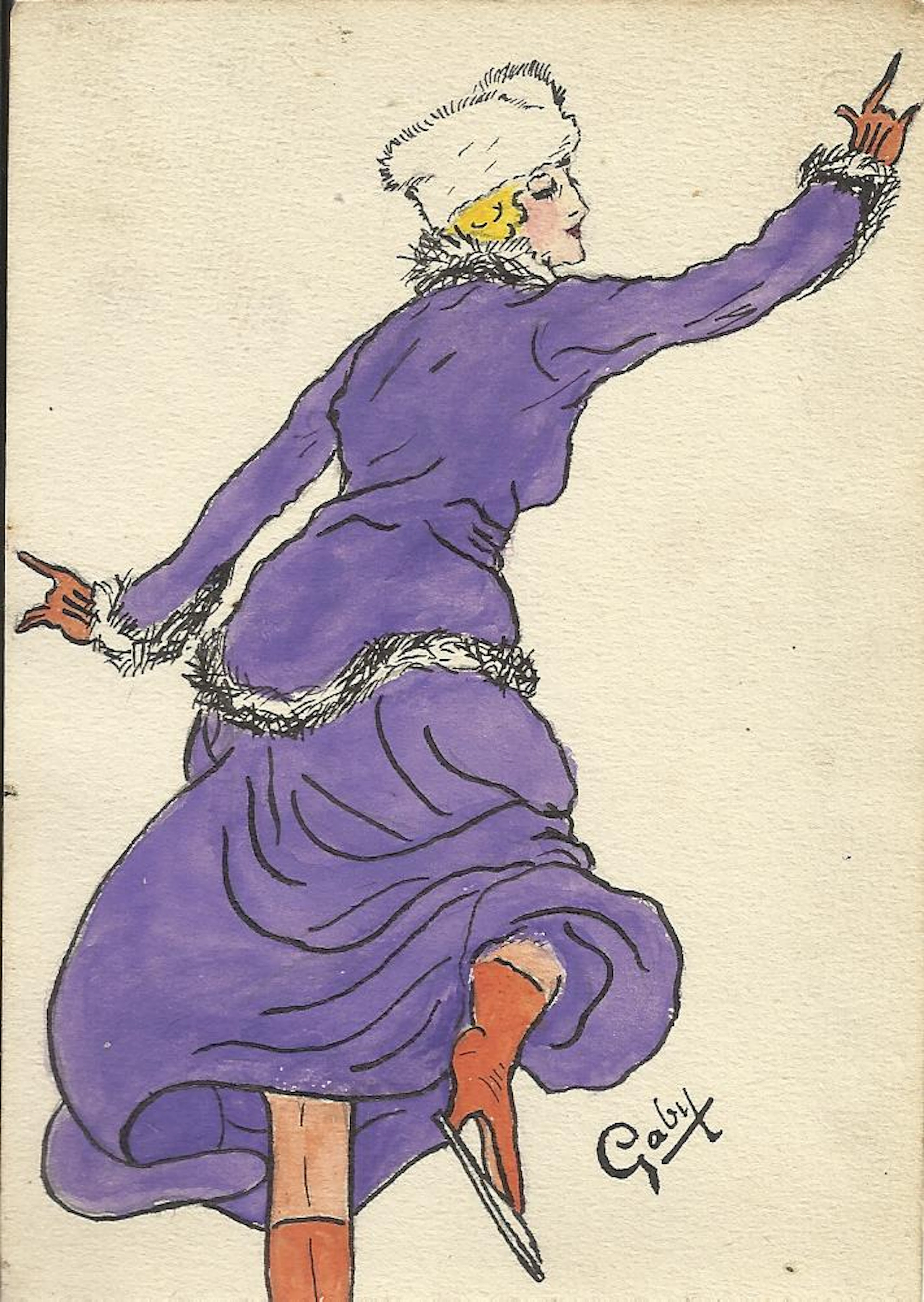 Gaby. French fashion illustration or drawing in ink and watercolor.