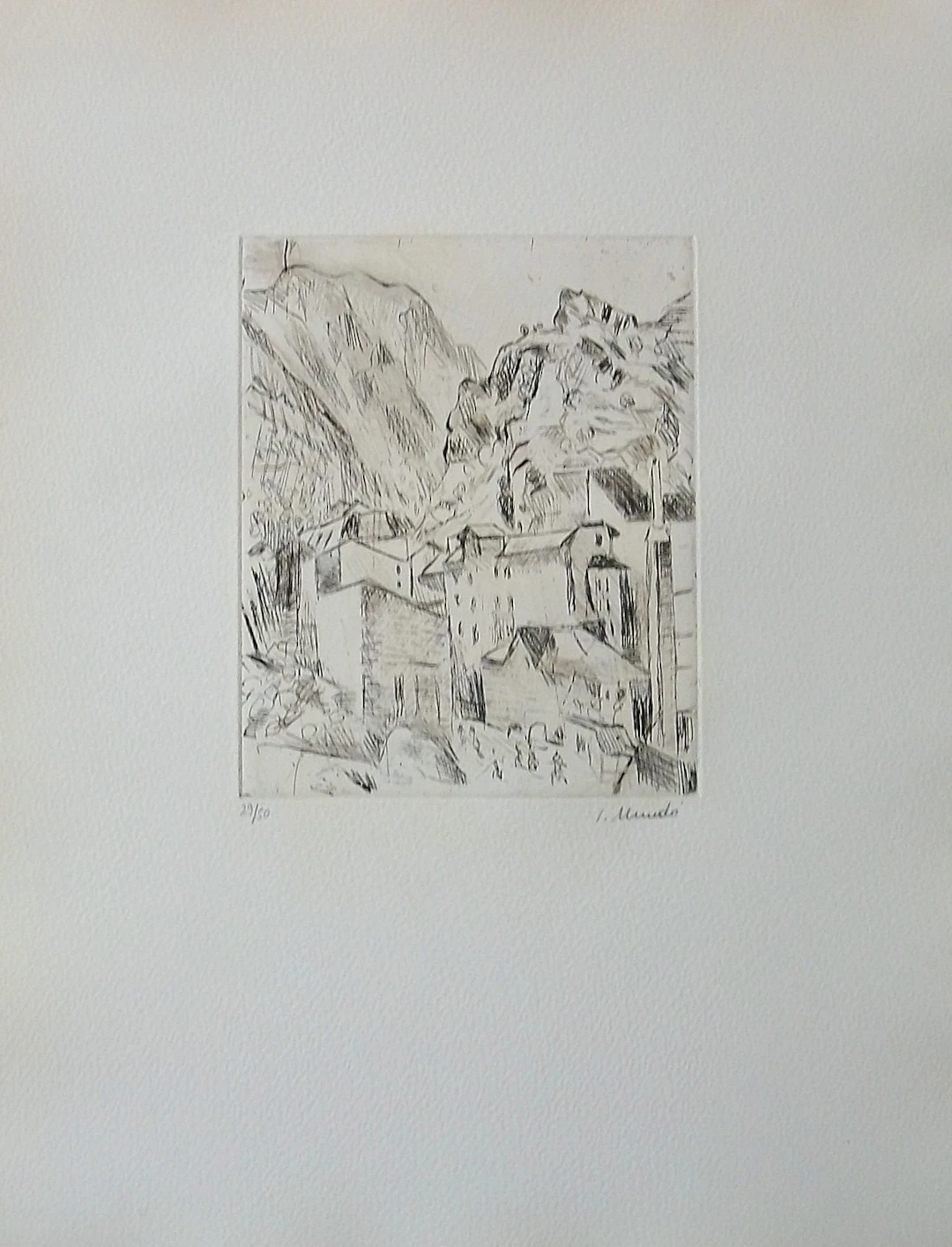 Ignasi Mundó. Engraving "Andorran Landscape". Etching and point. Hand-signed.