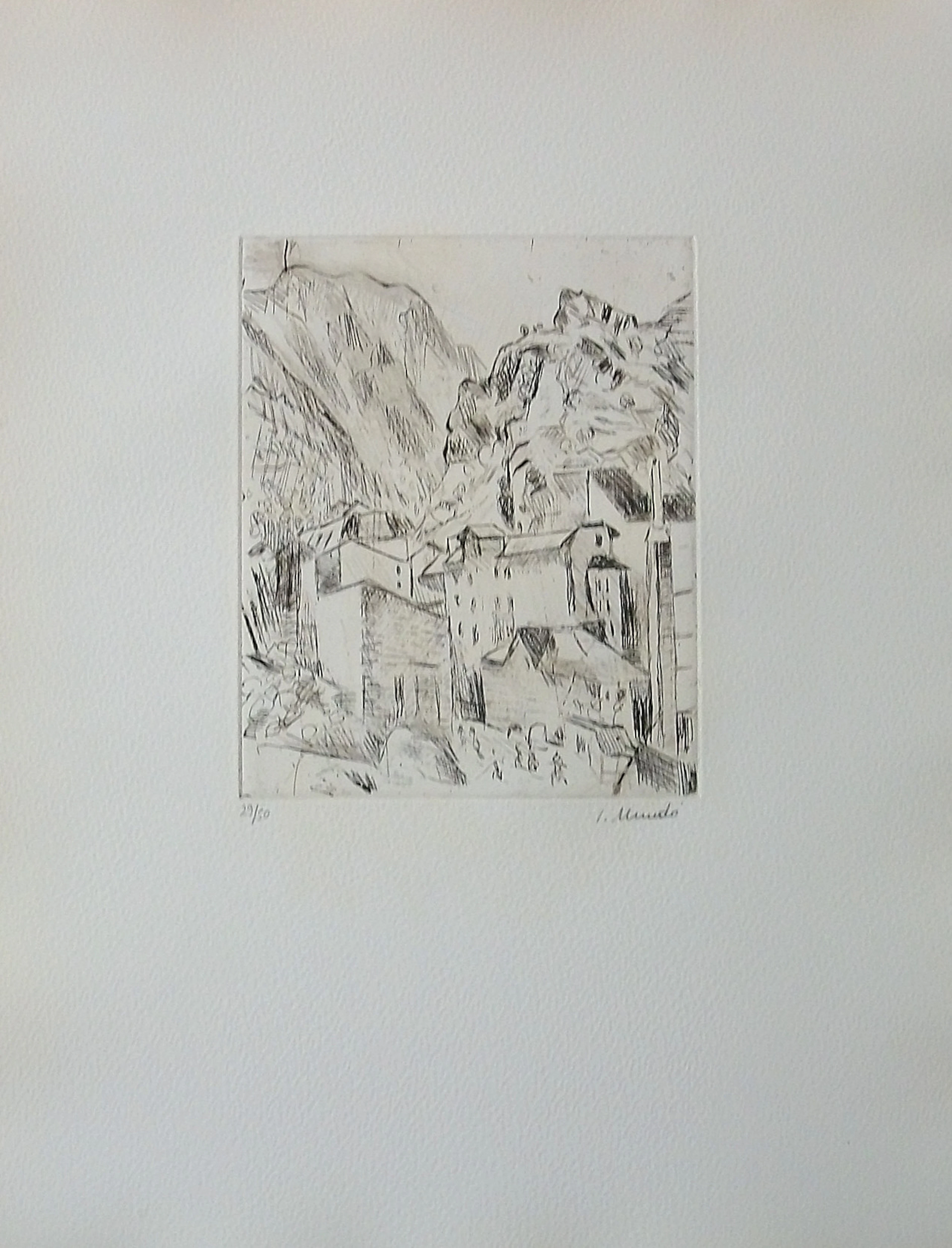 Ignasi Mundó. Engraving "Andorran Landscape". Etching and point. Hand-signed.