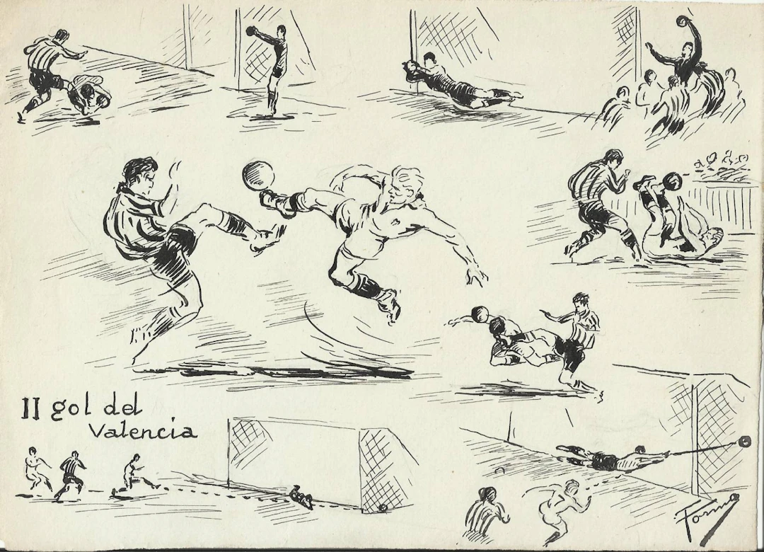 Federico Tormo Monzó. Ink drawing "Valencia C. F. 2- Ath. Bilbao 3".