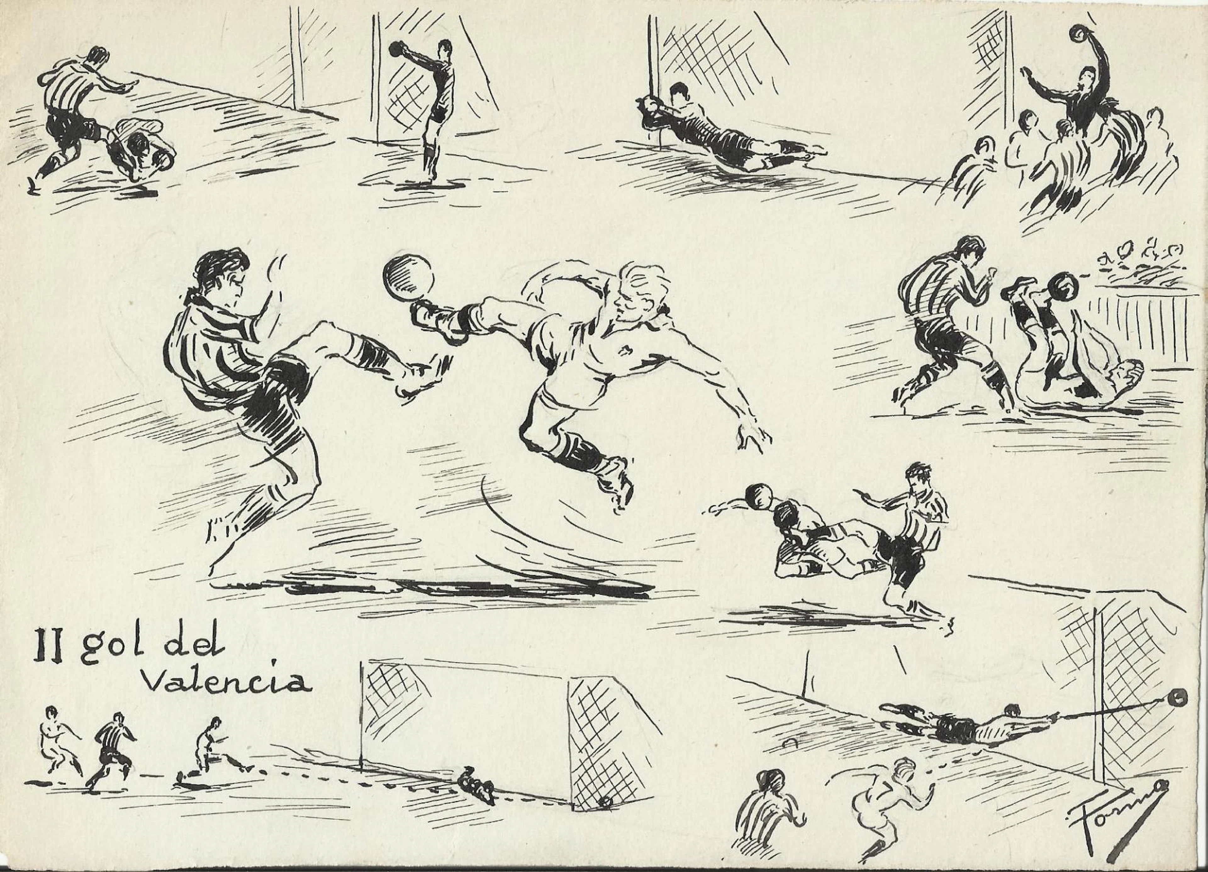 Federico Tormo Monzó. Ink drawing "Valencia C. F. 2- Ath. Bilbao 3".