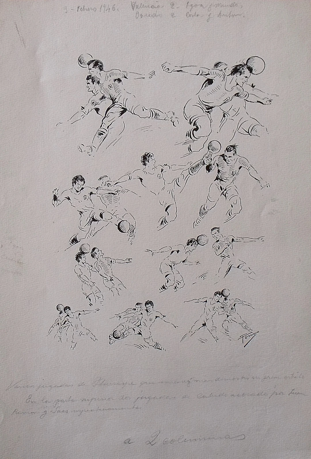 Federico Tormo Monzó. Ink drawing. 3-2-1946. "Valencia 2- Oviedo 2
