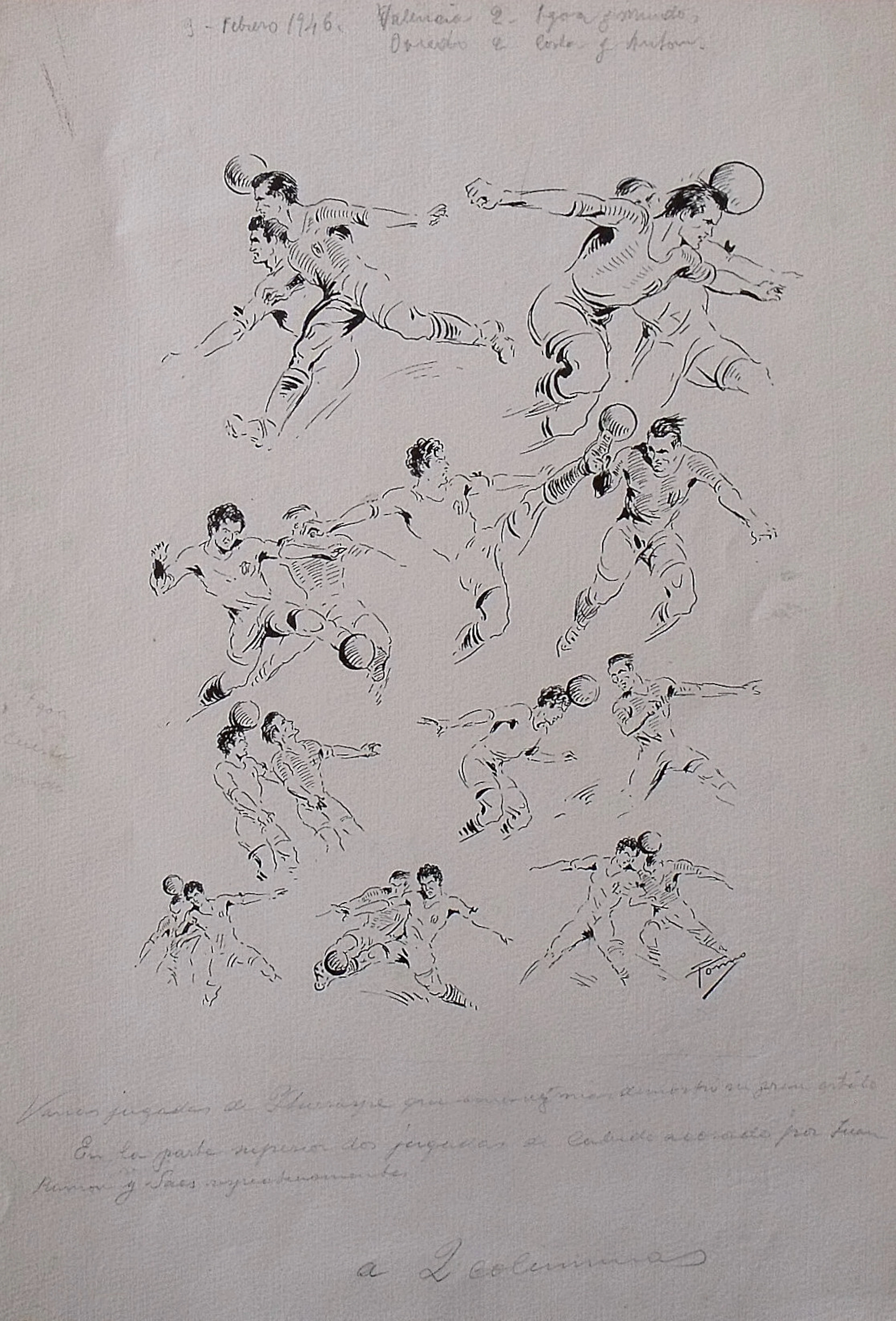 Federico Tormo Monzó. Ink drawing. 3-2-1946. "Valencia 2- Oviedo 2