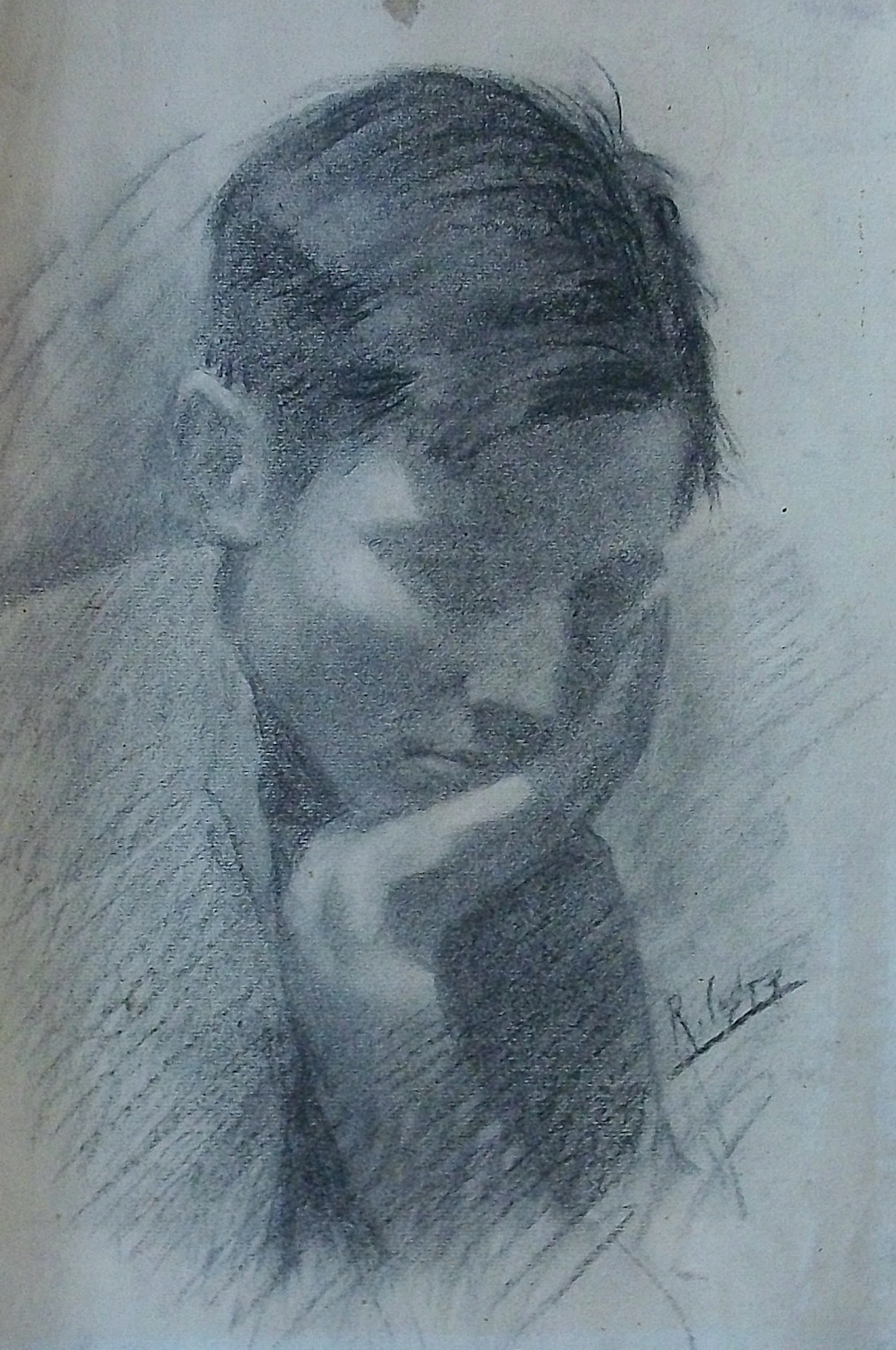 Ramon Costa Nolla. Charcoal drawing on paper, "Male Portrait." Early