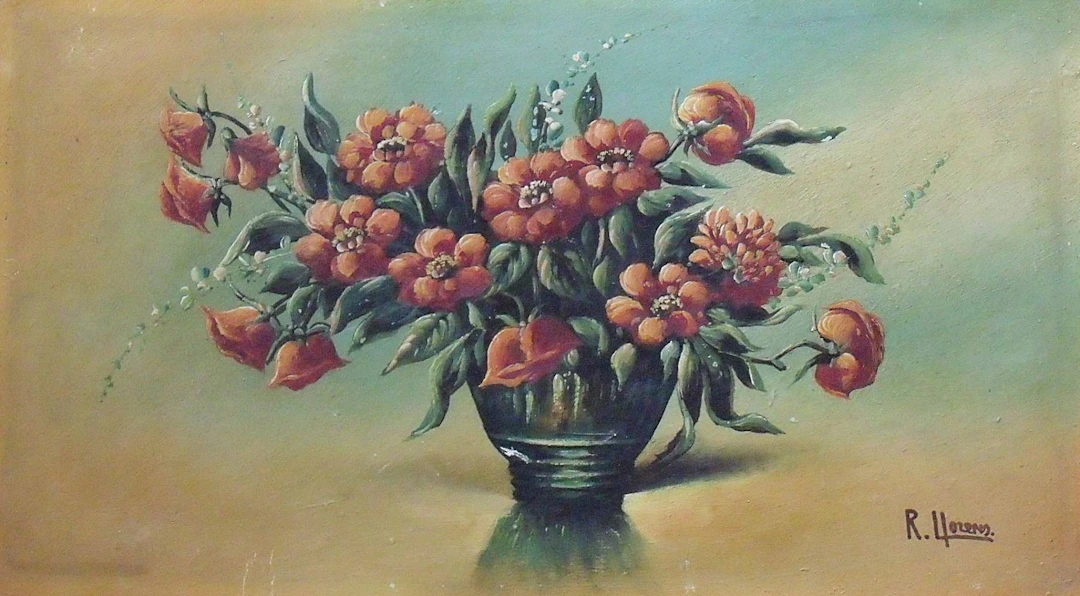 R. Llorens. Oil on cardboard "Vase". 26x45cm. Hand signed. In good state.