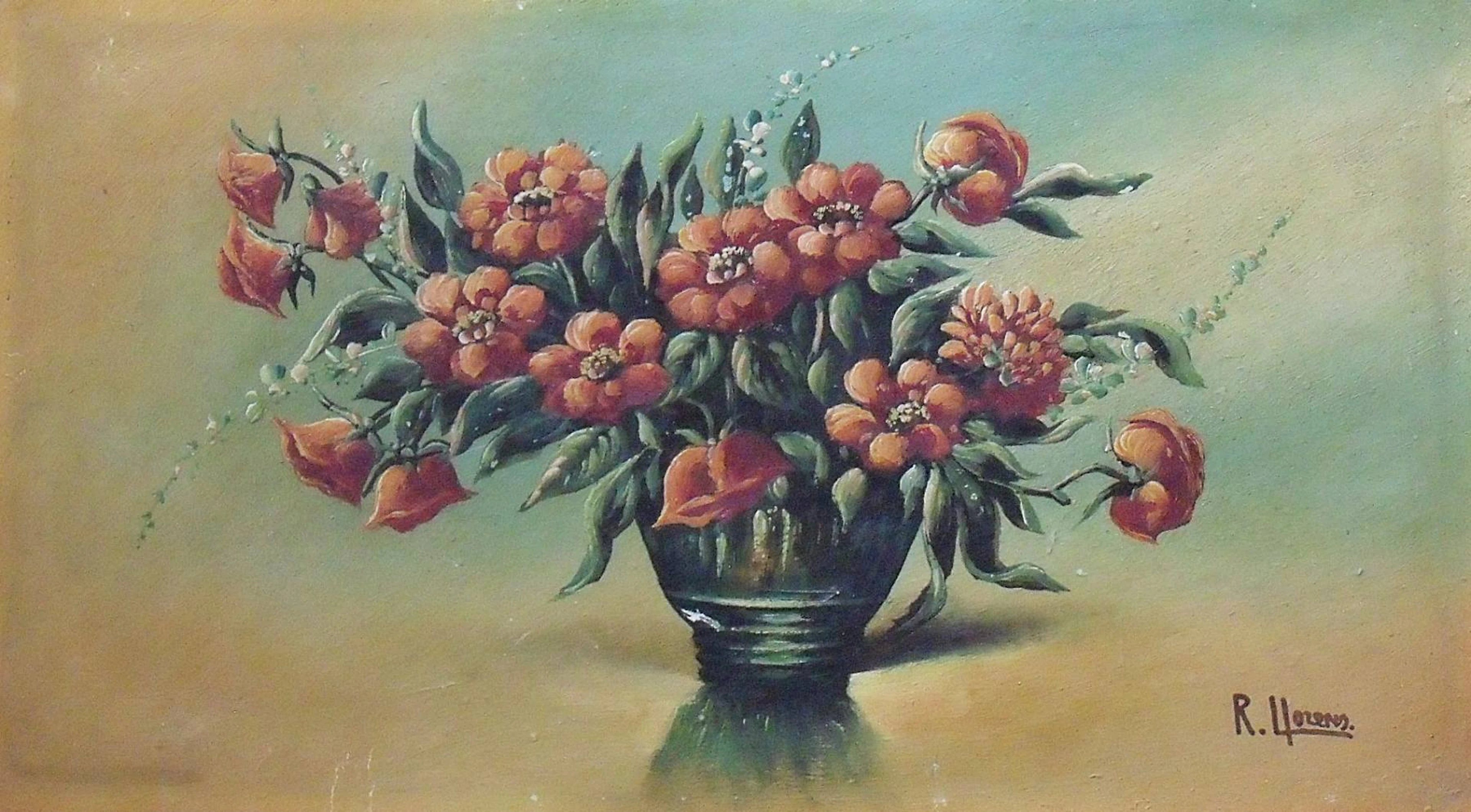R. Llorens. Oil on cardboard "Vase". 26x45cm. Hand signed. In good state.