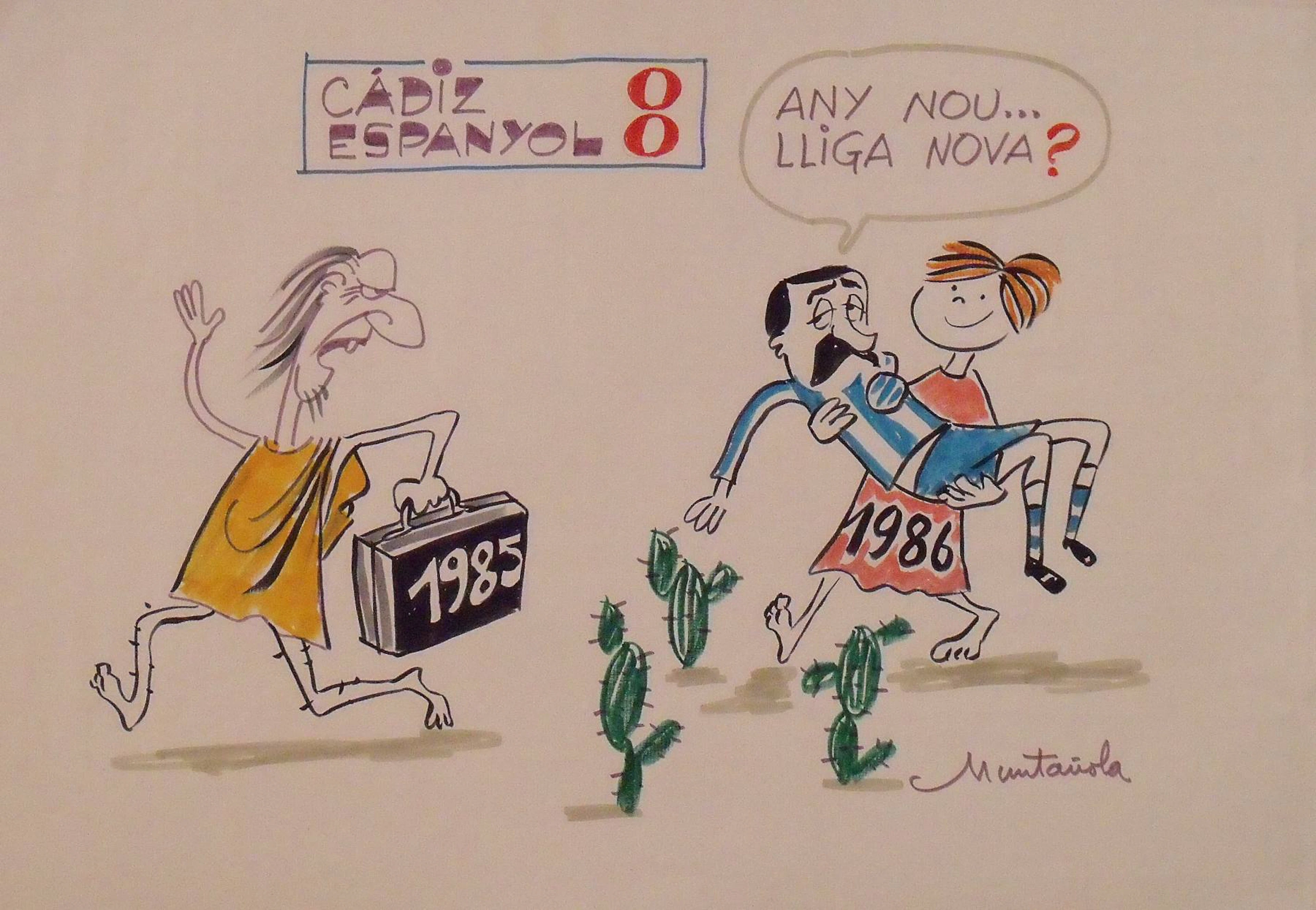 Joaquim Muntañola. Marker drawing “Cádiz 0 Espanyol 0”. Signed by
