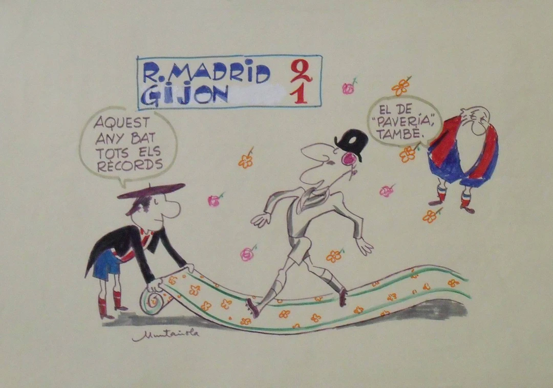 Joaquim Muntañola. Marker drawing ”R. Madrid 2 Gijón 1”. Hand signed.