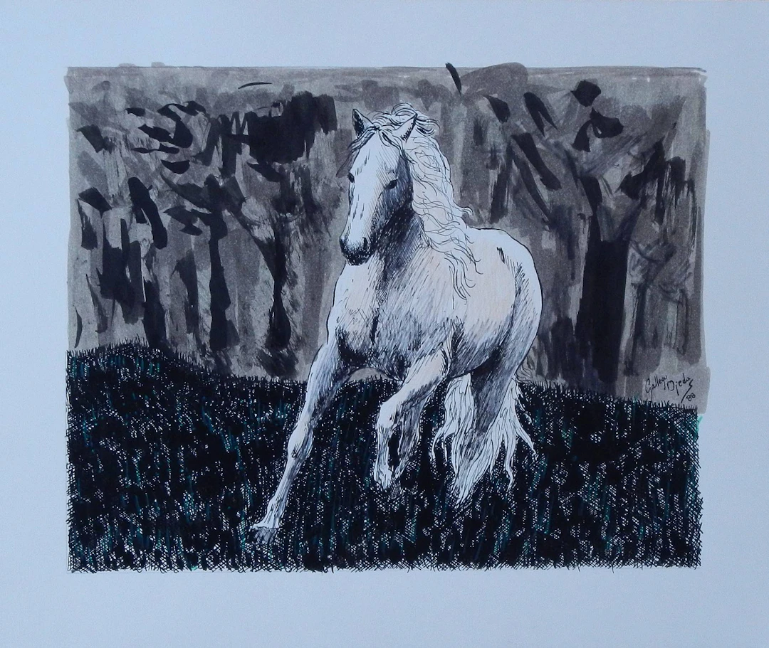 Gallego Ojeda. Ink and watercolor drawing on paper. "Galloping horse".