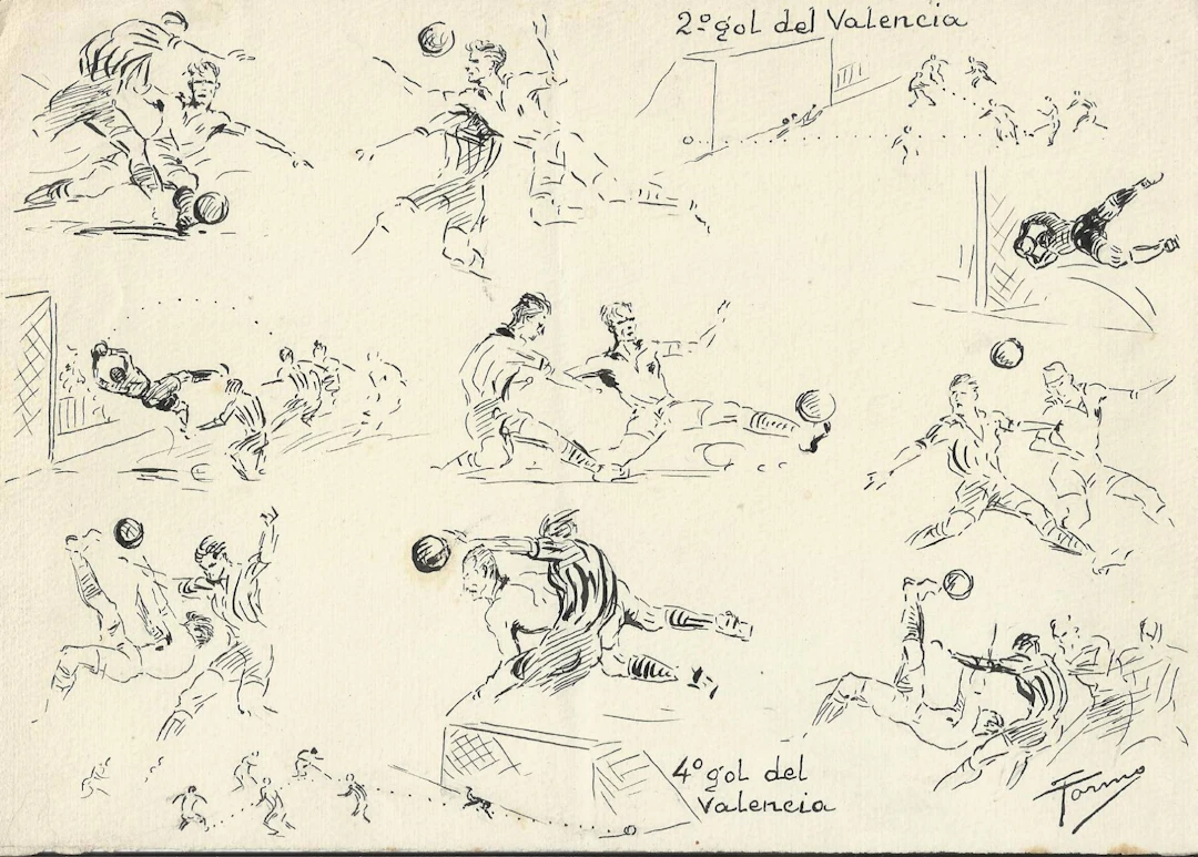 Federico Tormo Monzó. Ink drawing. Valencia C.F. 2nd and 4th goals.