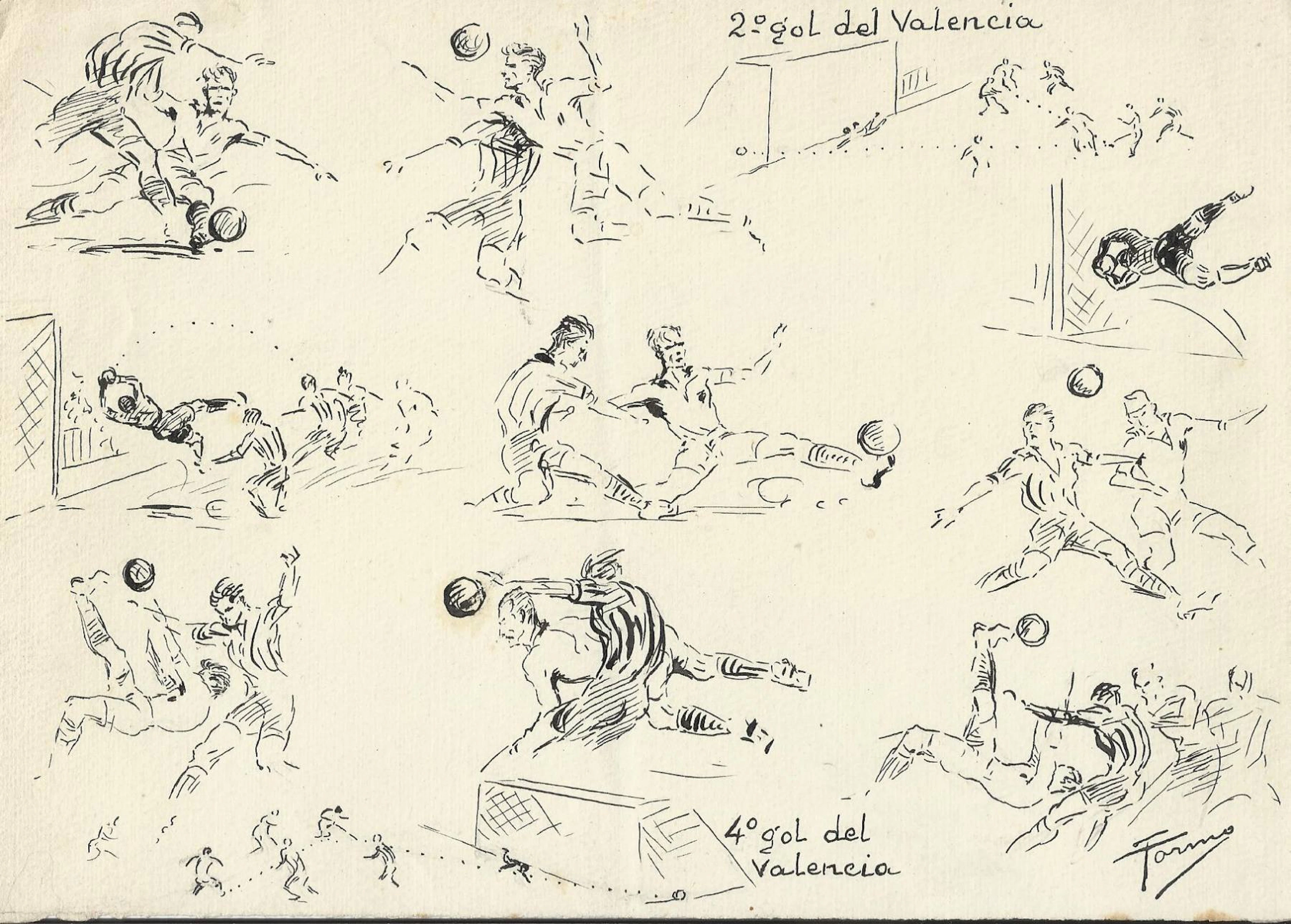 Federico Tormo Monzó. Ink drawing. Valencia C.F. 2nd and 4th goals.