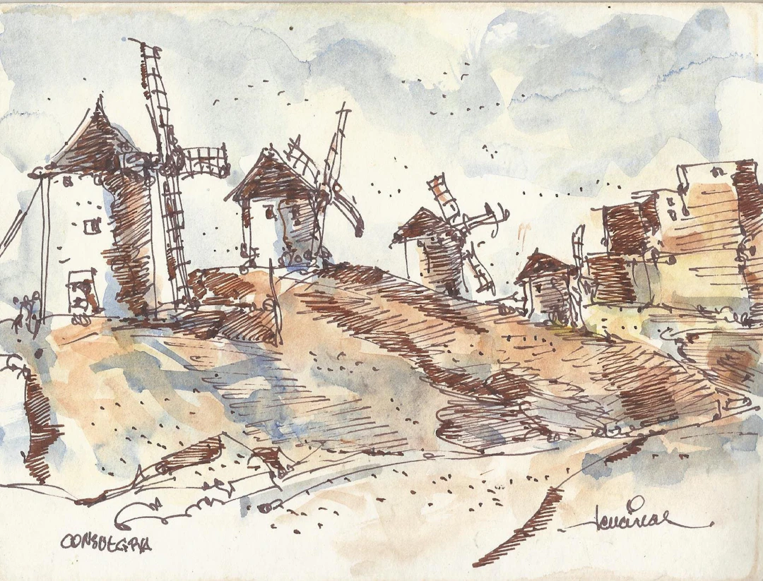 Carlos Enrique Lencinas Gómez. Watercolor and ink on paper. “Consuegra”.