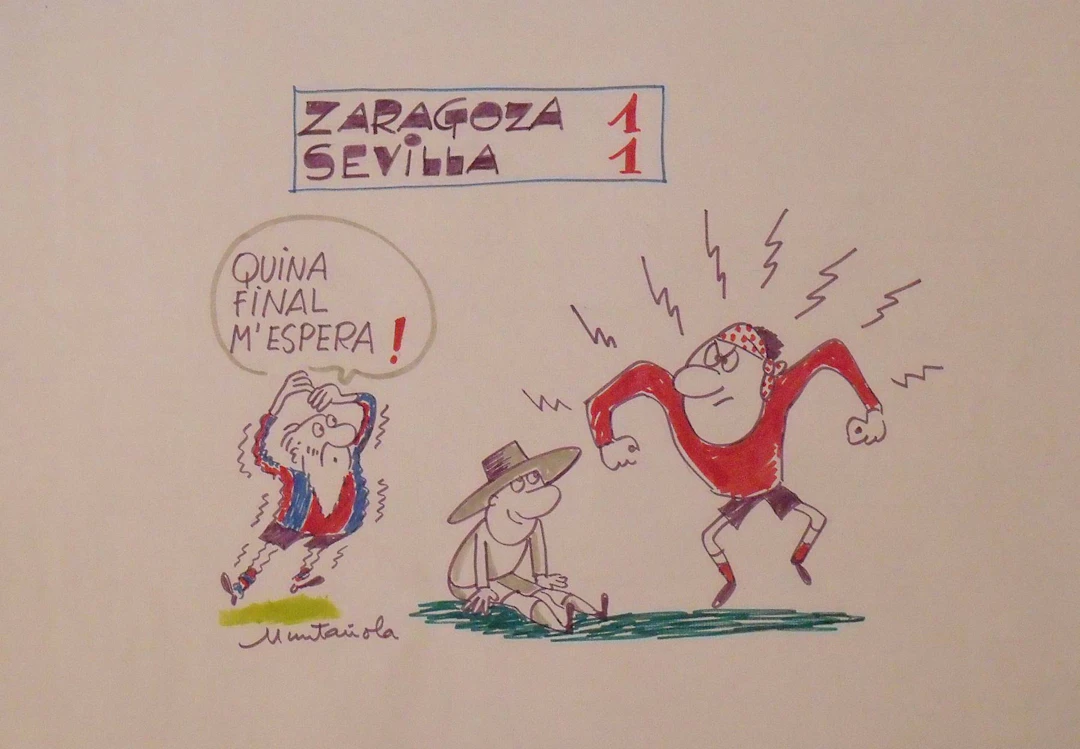 Joaquim Muntañola. Marker drawing "Zaragoza 1 Sevilla 1". Hand-signed.
