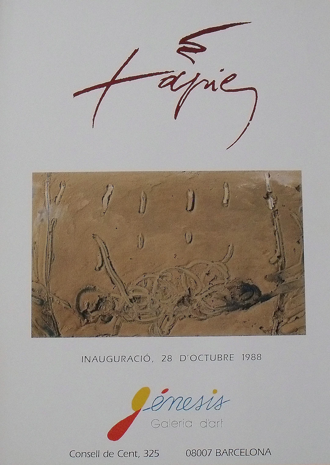 Antoni Tapies. 1988 Exhibition Poster. Génesis Art Gallery. Barcelona.