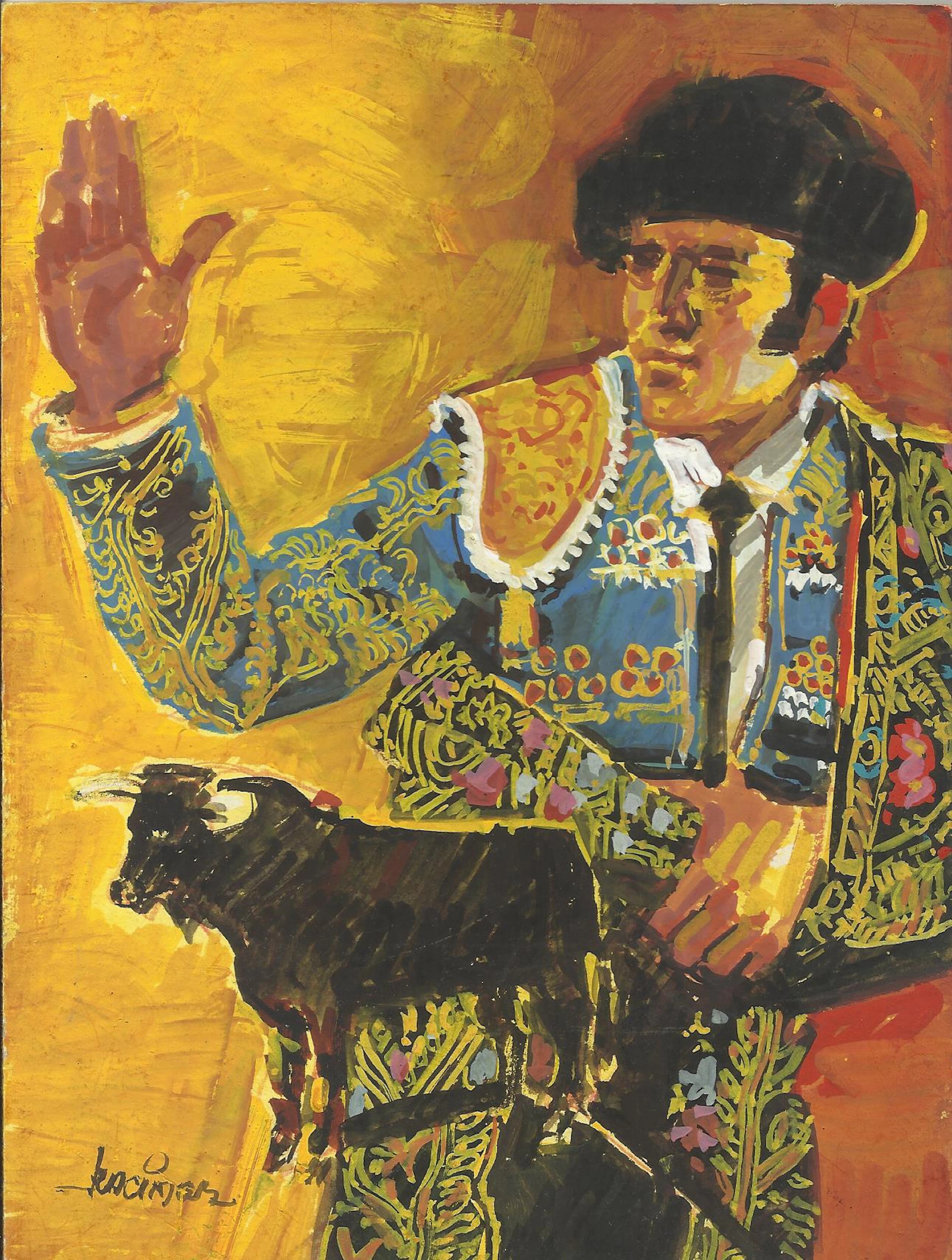 Carlos Enrique Lencinas Gómez. Acrylic on cardboard. “Bull and bullfighter”.