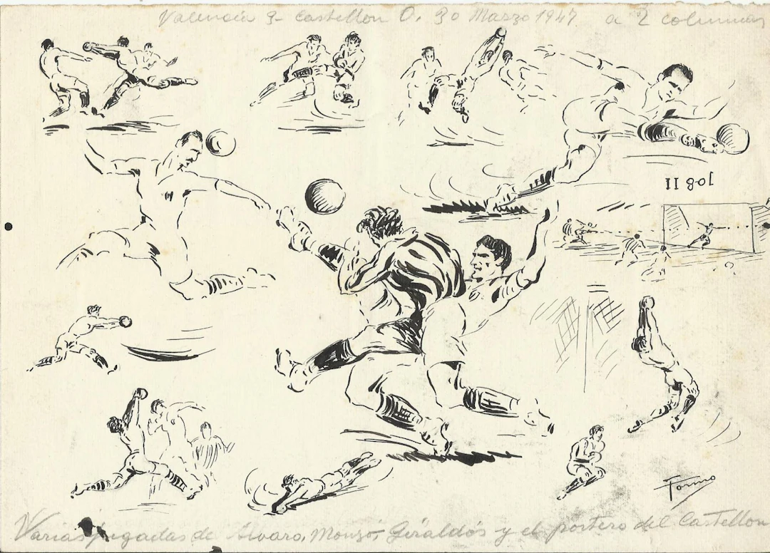 Federico Tormo Monzó. Ink drawing "Valencia CF 3- Castellón 0". 1947.