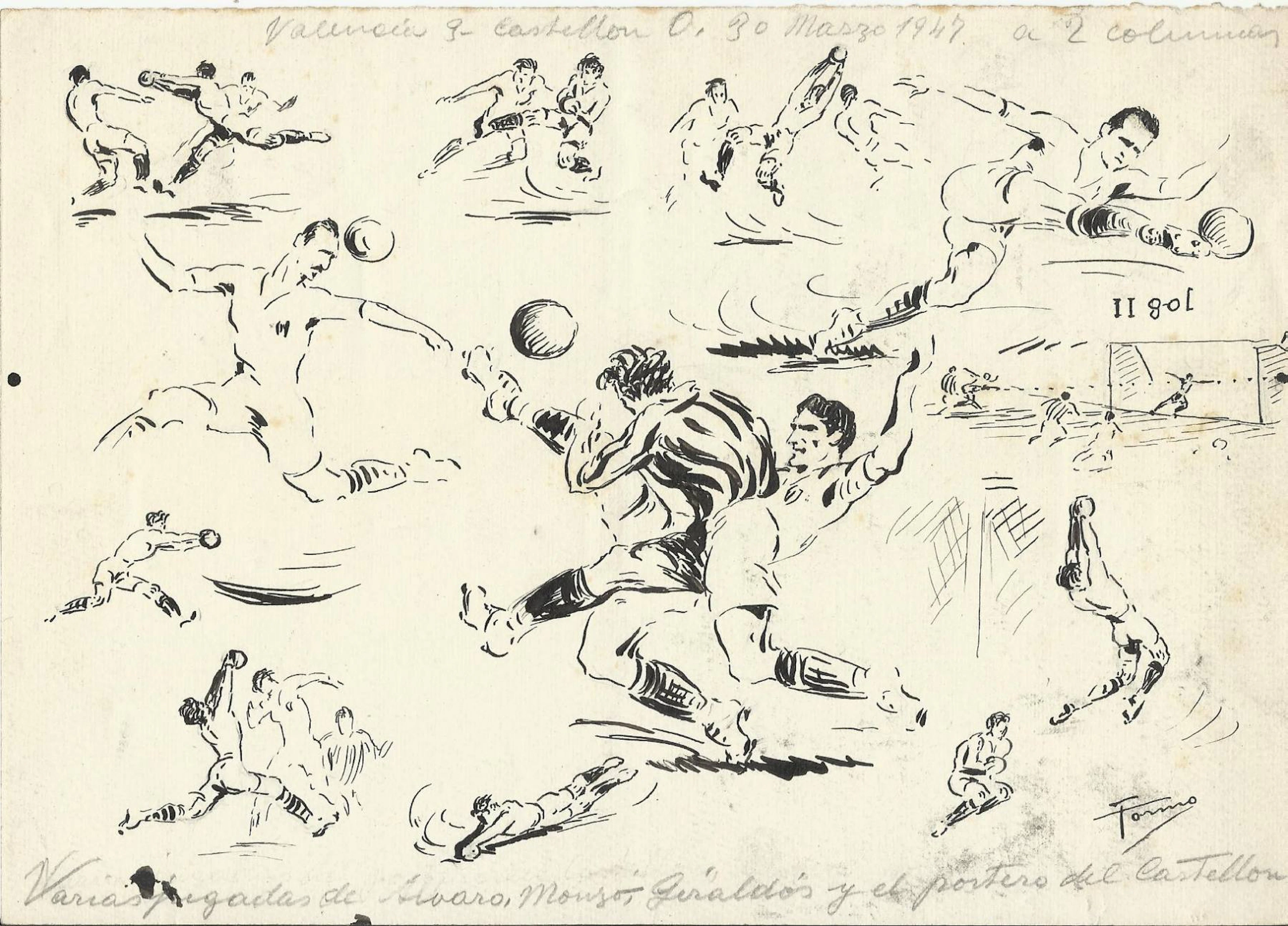 Federico Tormo Monzó. Ink drawing "Valencia CF 3- Castellón 0". 1947.