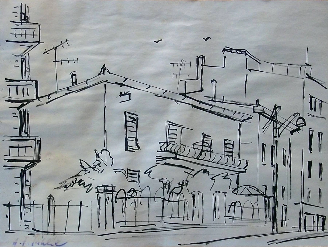 Antonin Frantisek Sthelík. Ink drawing “Landscape with House”. Hand-signed.